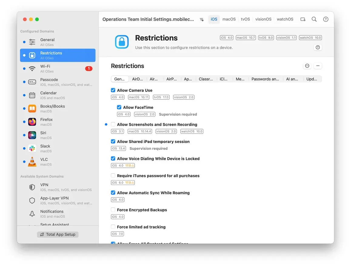 iMazing Profile Editor Screenshot – Platform Filters Visible