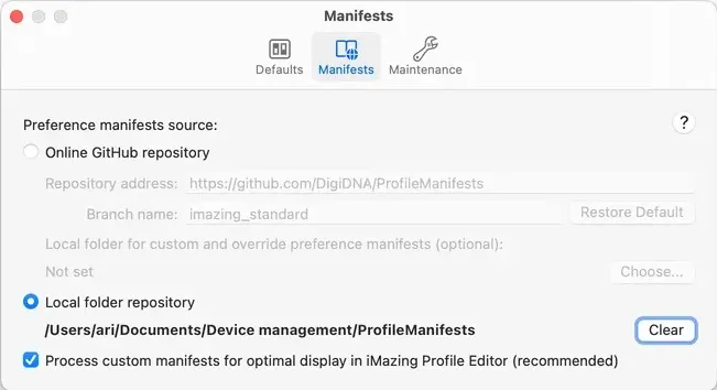 iMazing Profile Editor Screenshot – Manifest Preferences