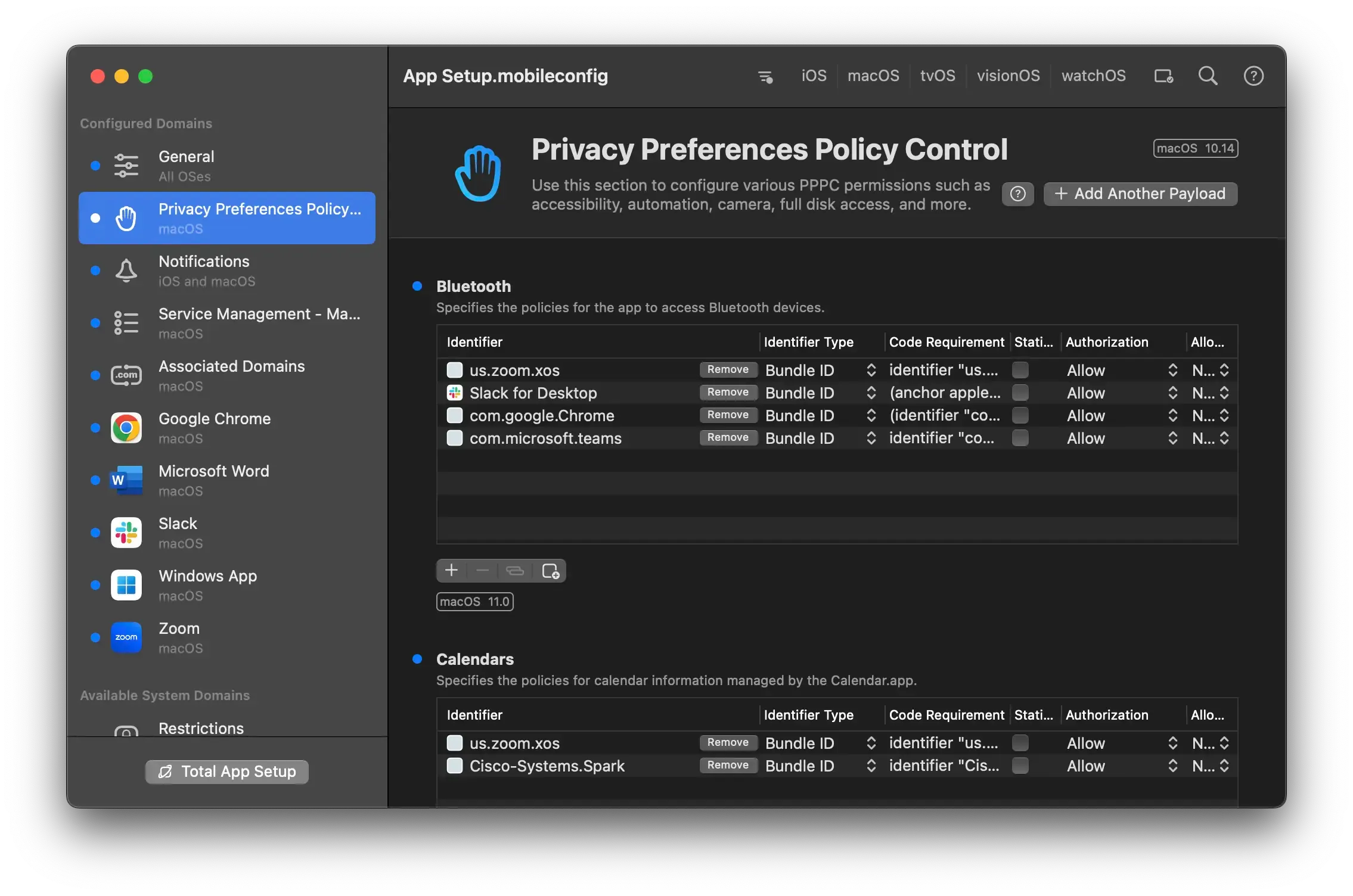 Various app-specific domains configured after using Total App Setup