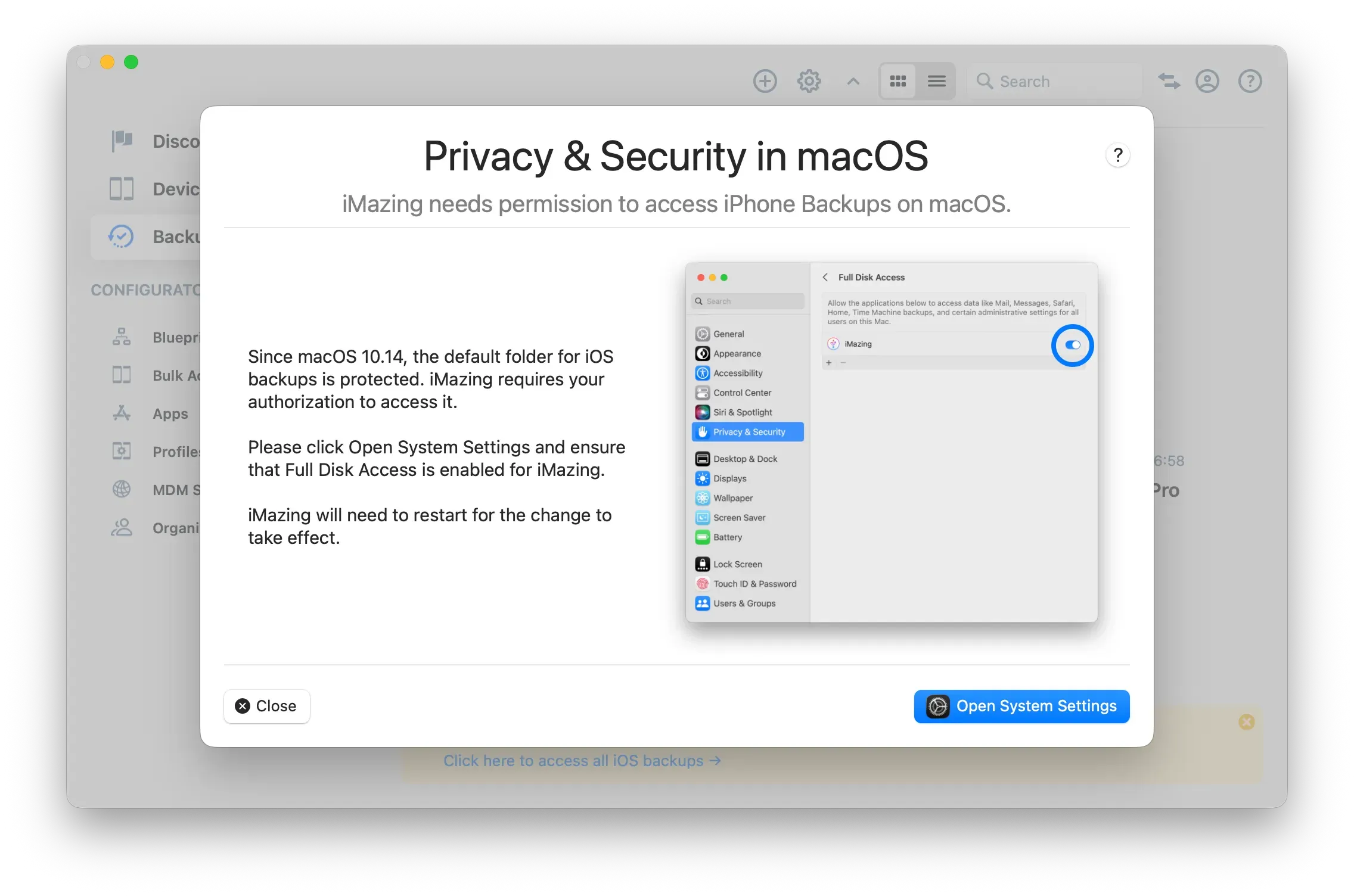 iMazing - maCOS Full Disk Access Dialog