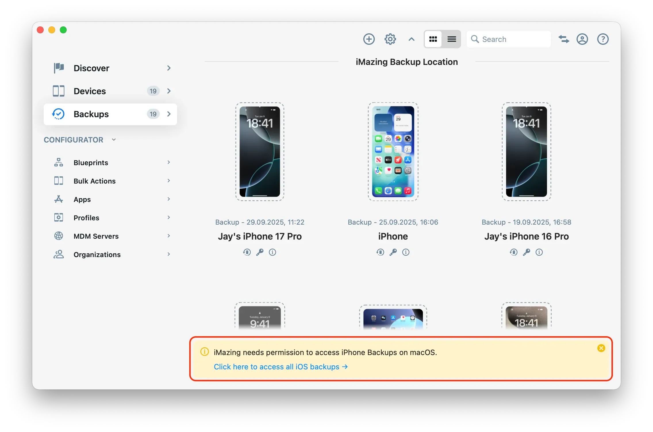iMazing - maCOS Full Disk Access Hint