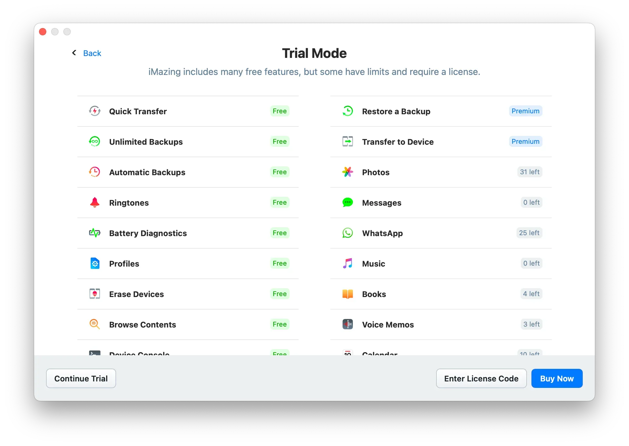 iMazing Welcome Screen - Trial Mode