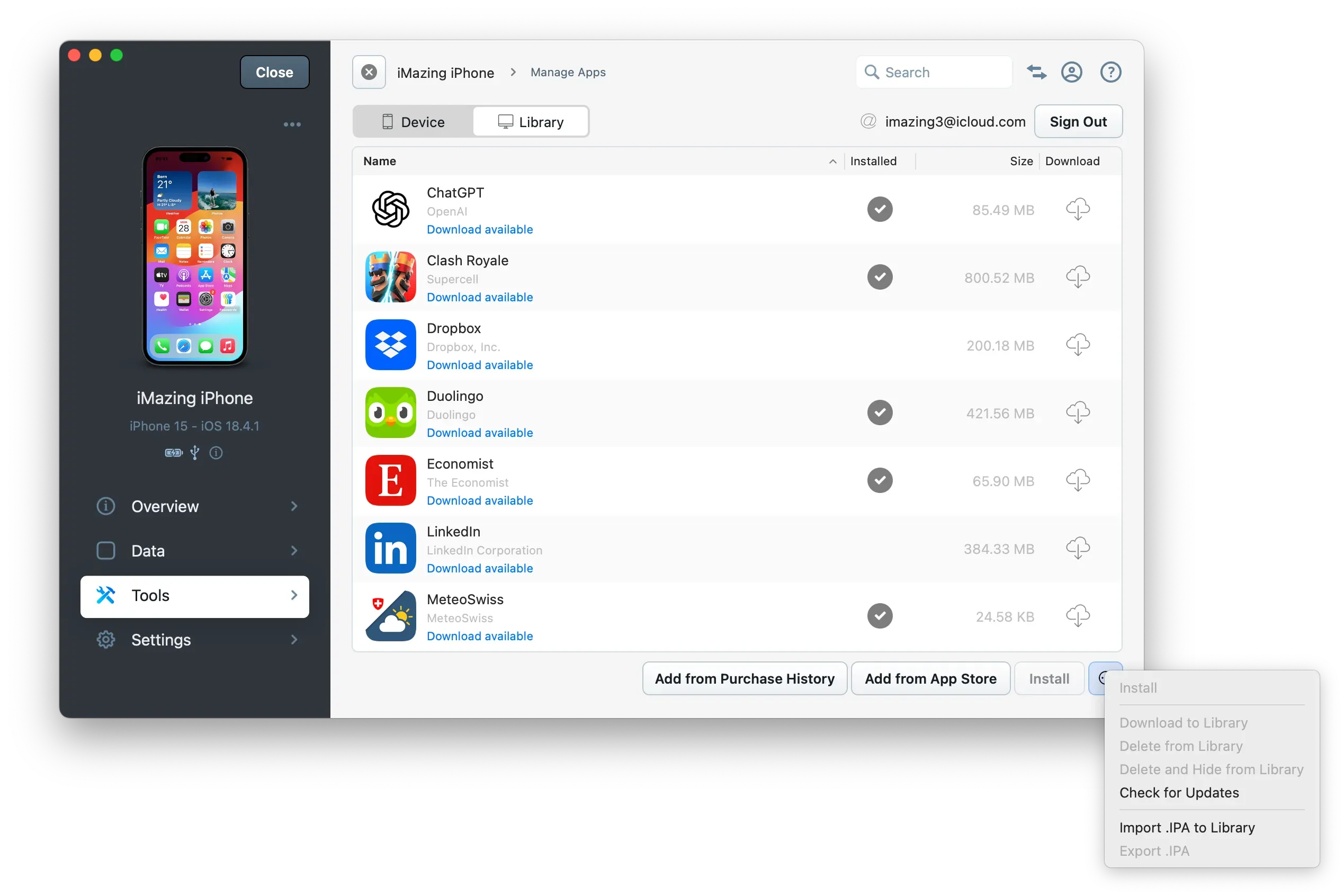 App Updates in iMazing's App Library view