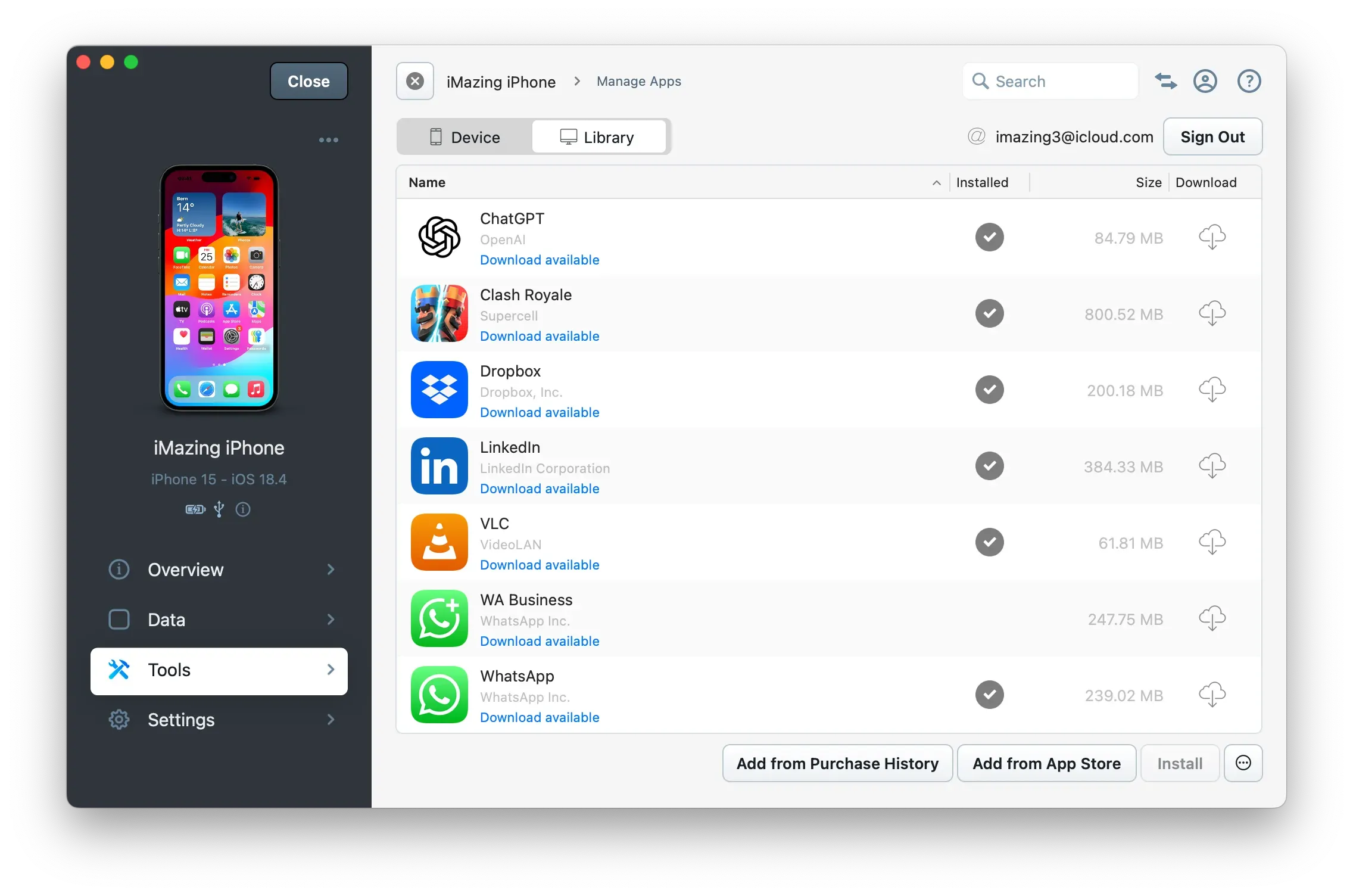 iMazing Manage Apps Library View