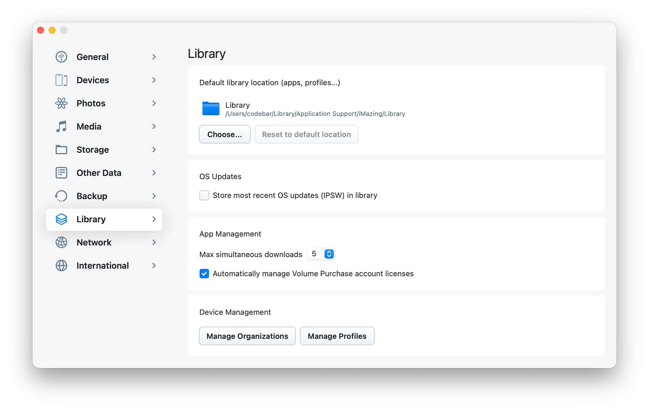 iMazing Preferences - Library