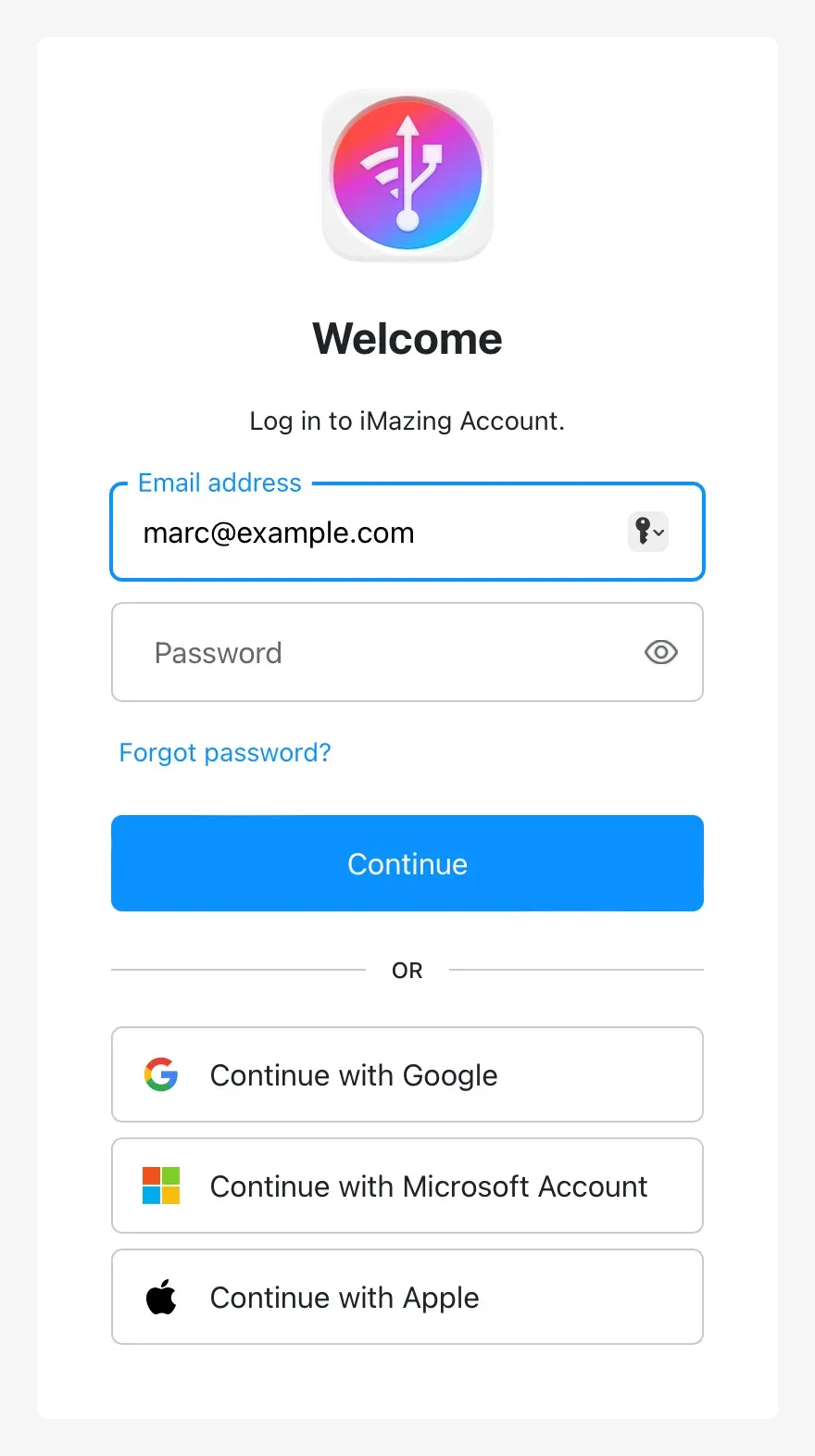 iMazing Account login screen
