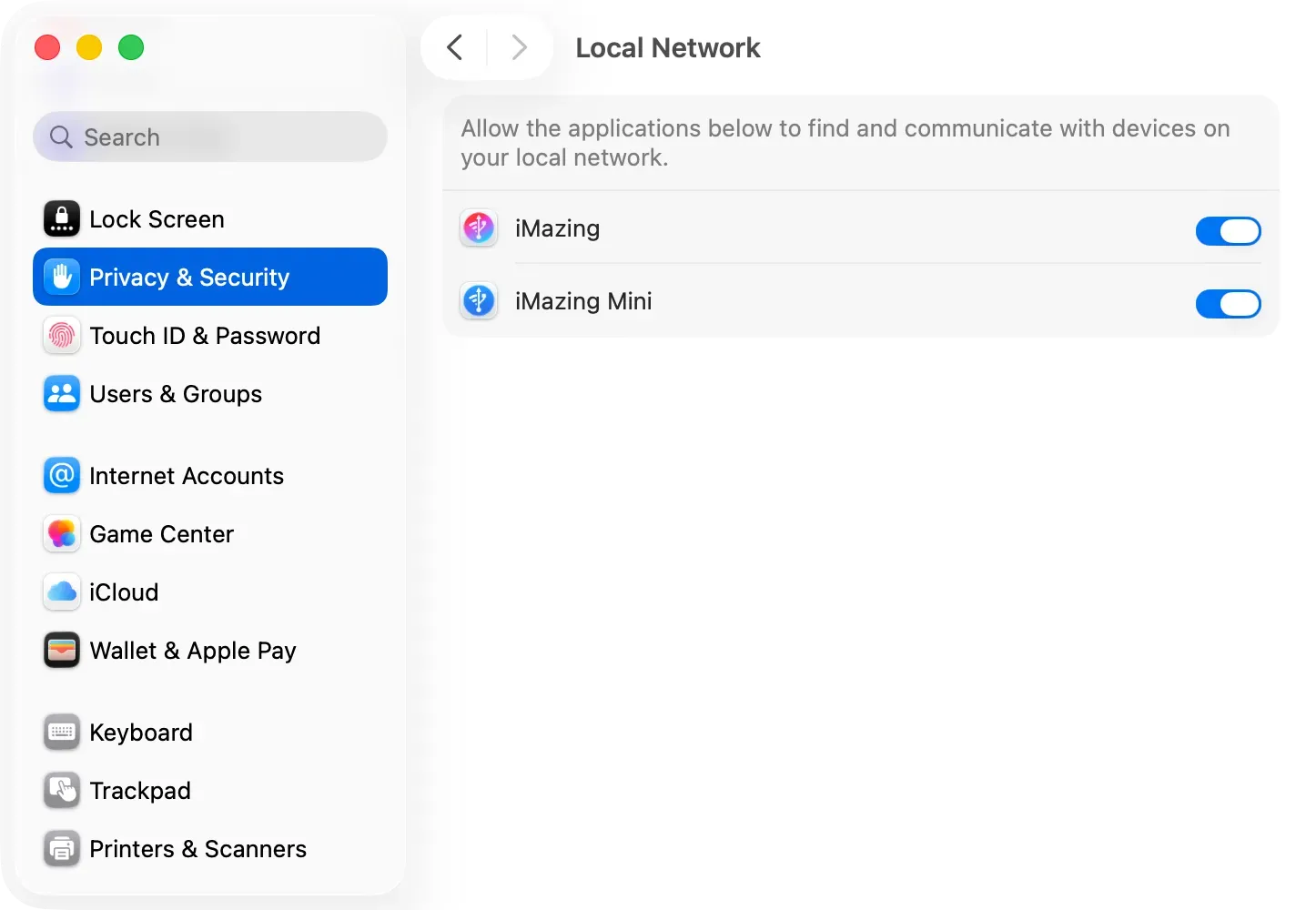 macOS settings panel > privacy and security > local networks