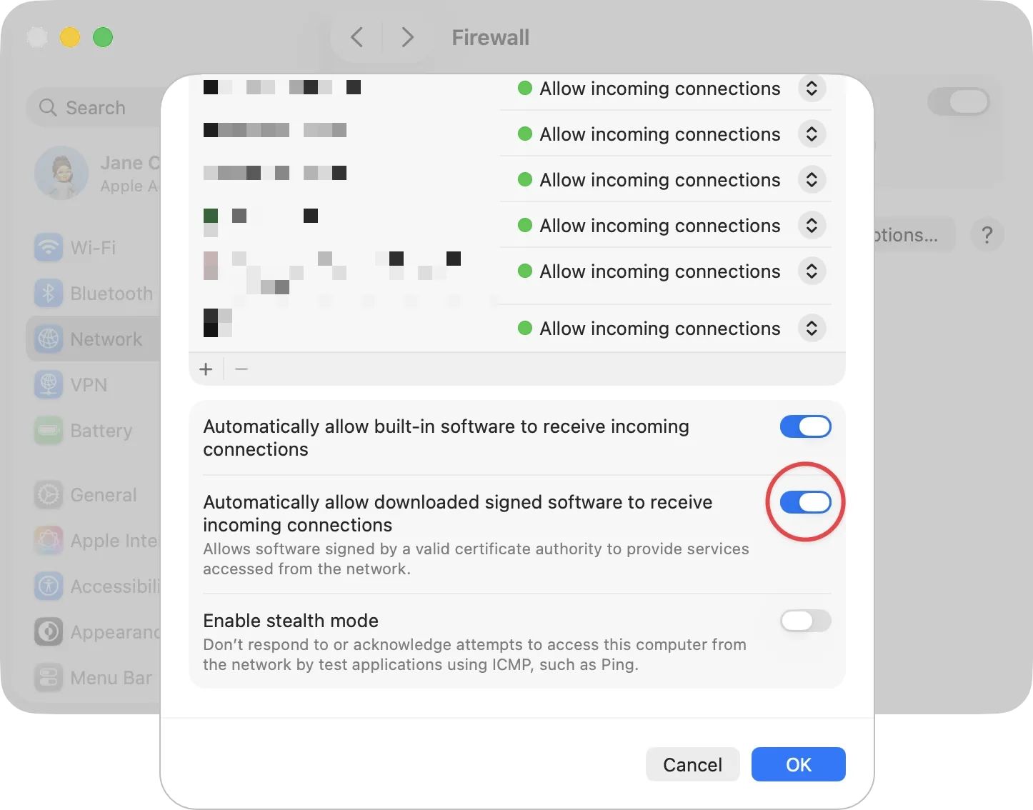 macOS Firewall Options panel showing the "Automatically allow downloaded signed software to receive incoming connections" toggle enabled, highlighted