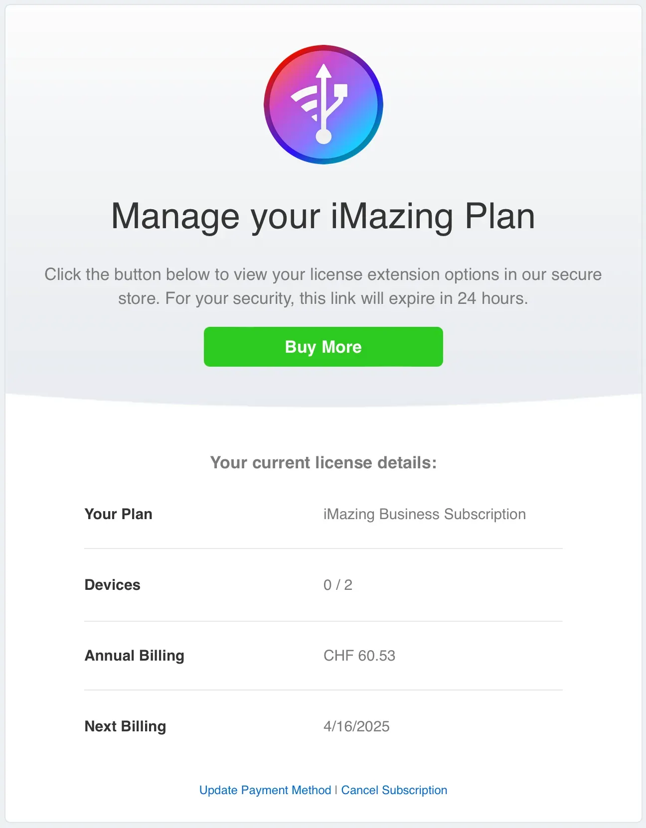 iMazing License Menu - Manage Plan