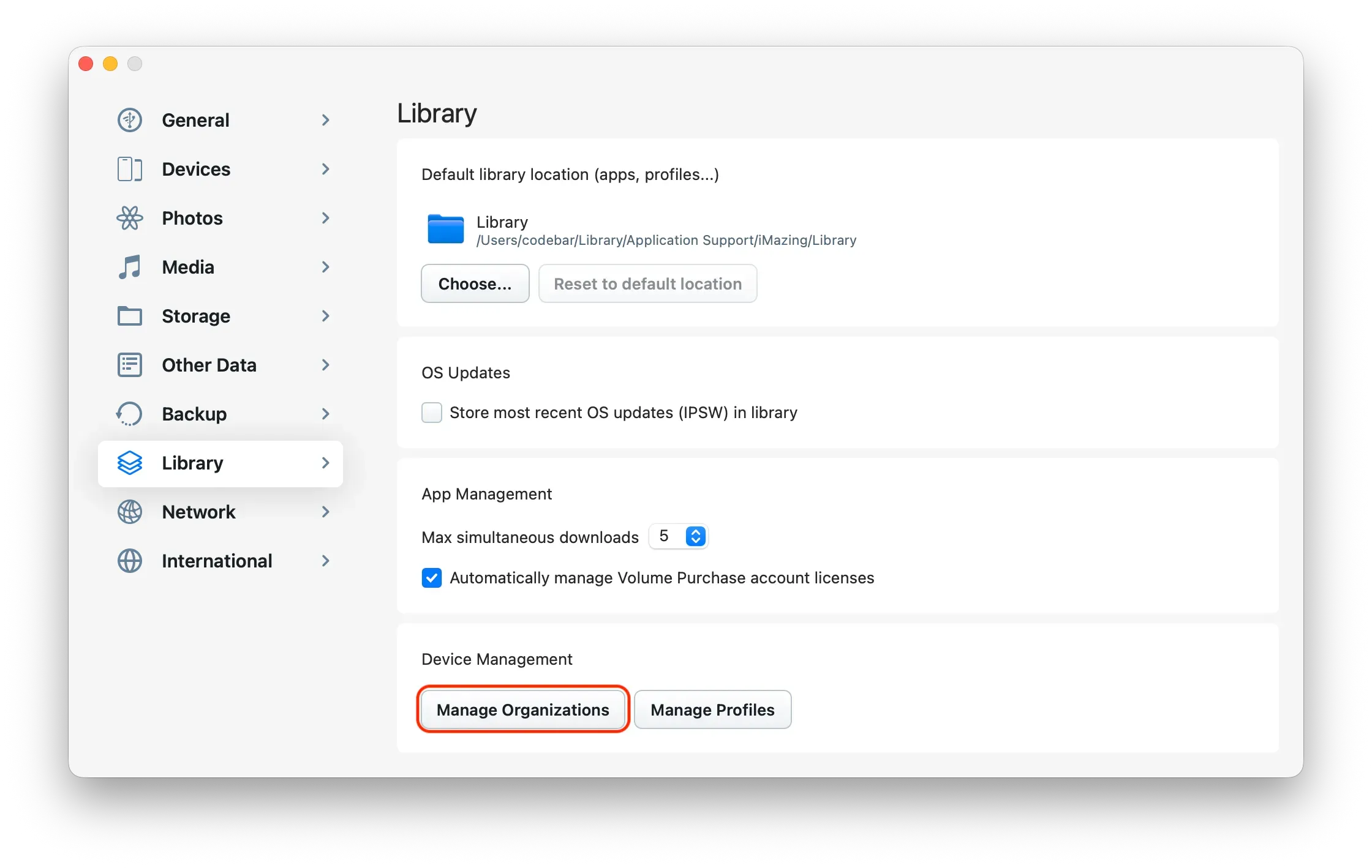 iMazing Preferences: Manage Organizations