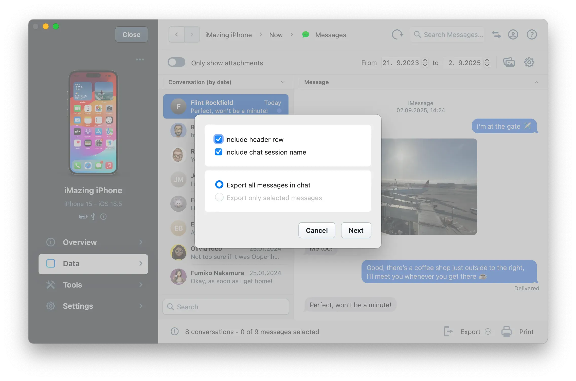 iMazing Messages view, Excel or CSV Export Options
