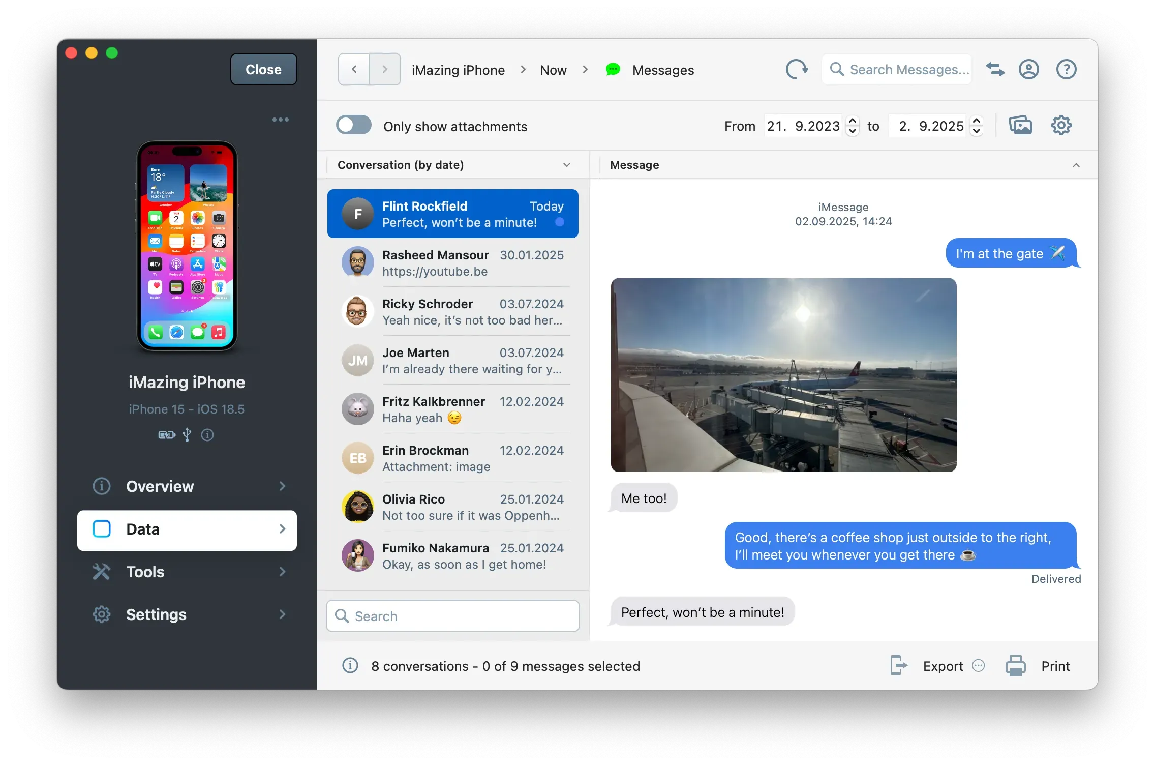 iMazing's Messages View, thread selected