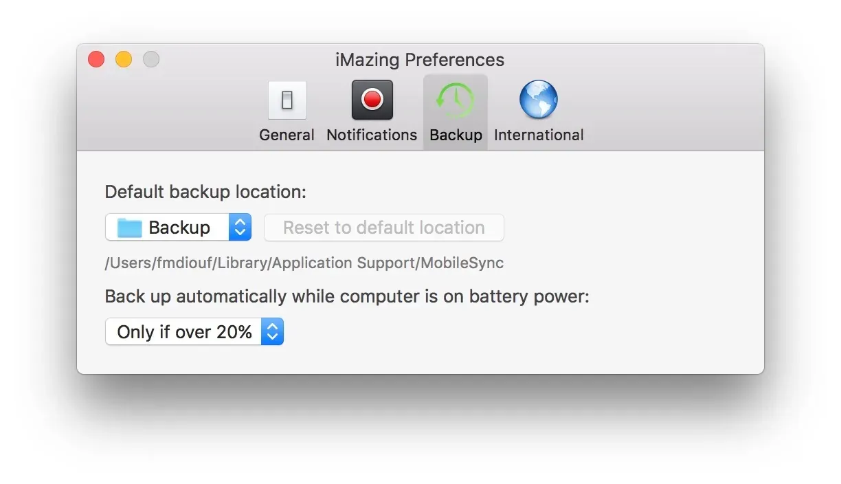Backup tab in iMazing Mini preferences