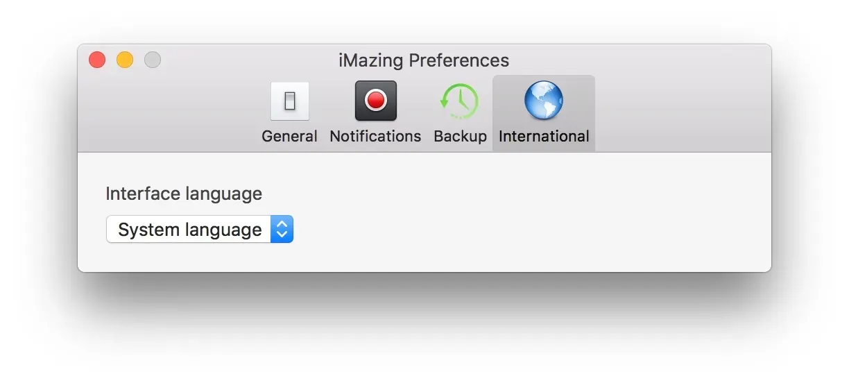 International tab in iMazing preferences