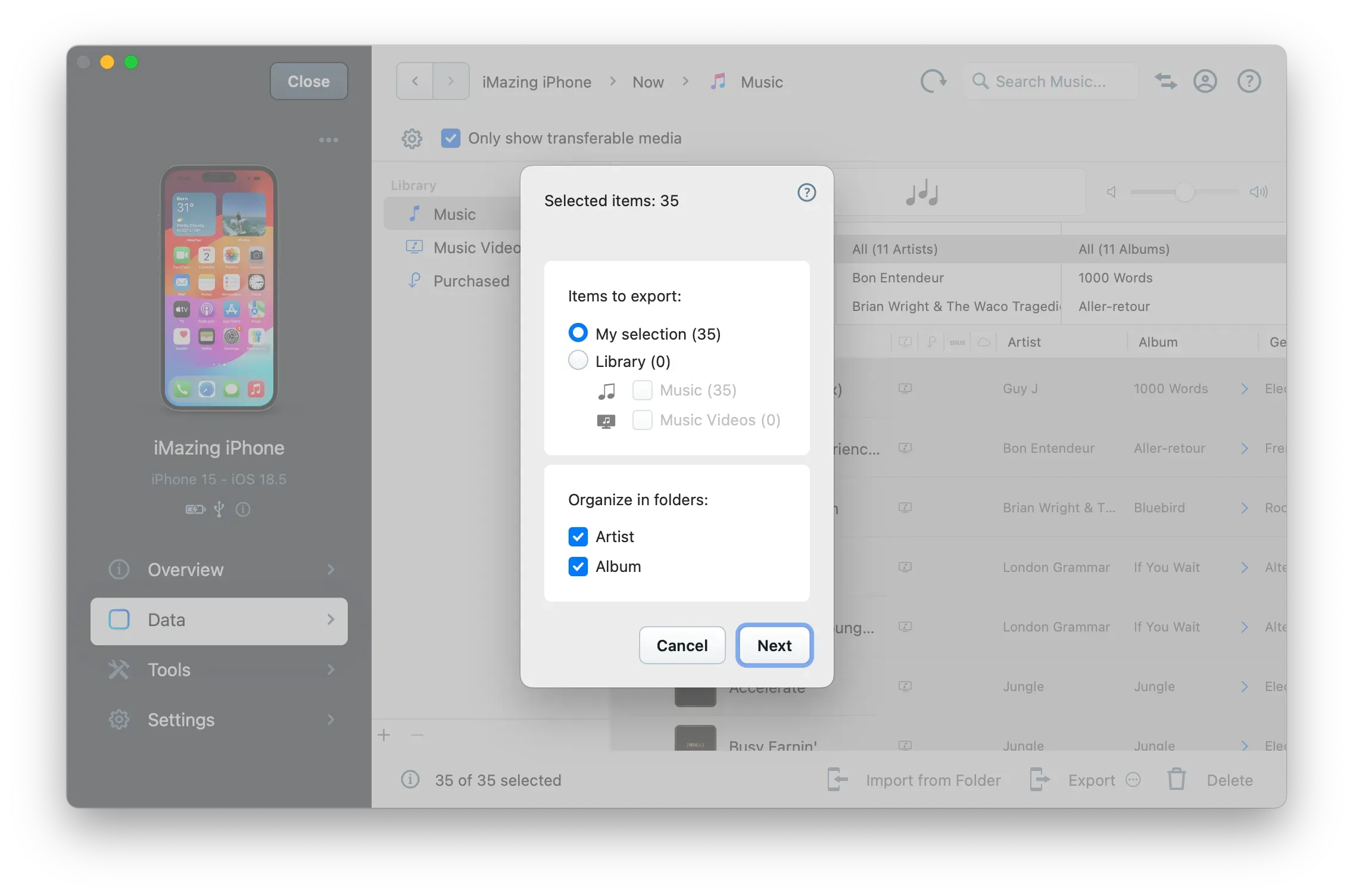 iMazing Music Export Options Window