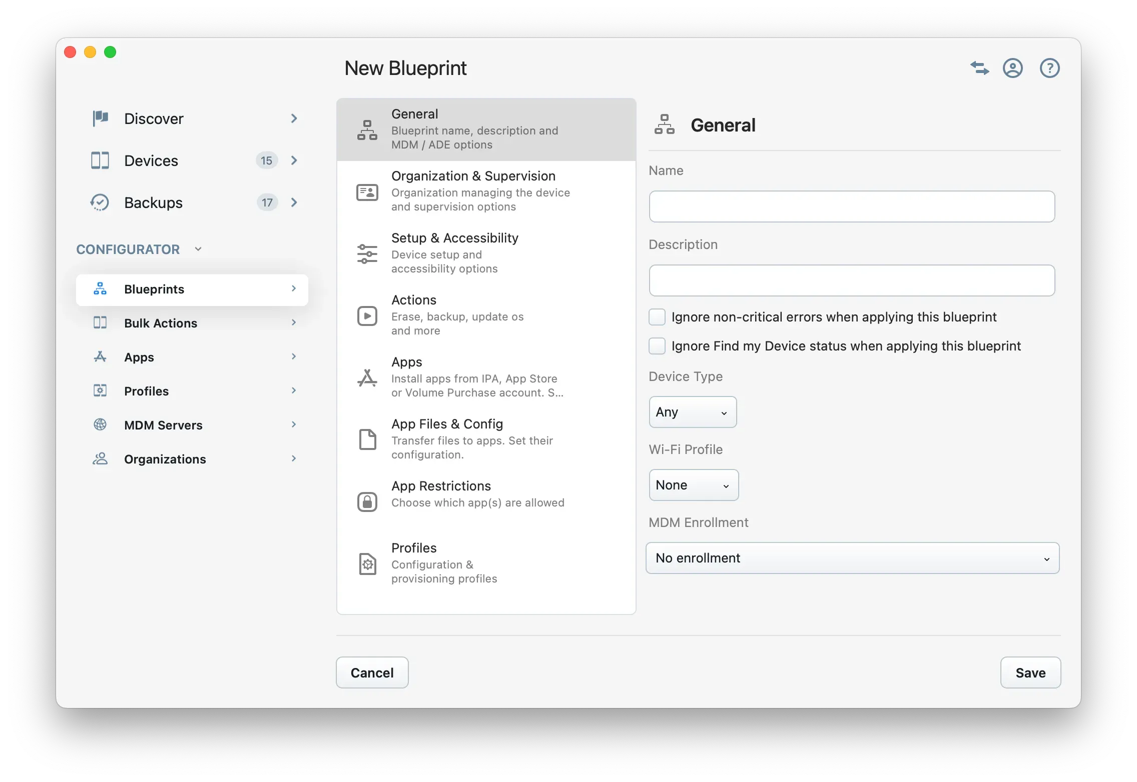 iMazing Configurator - Blueprint Editor General Section