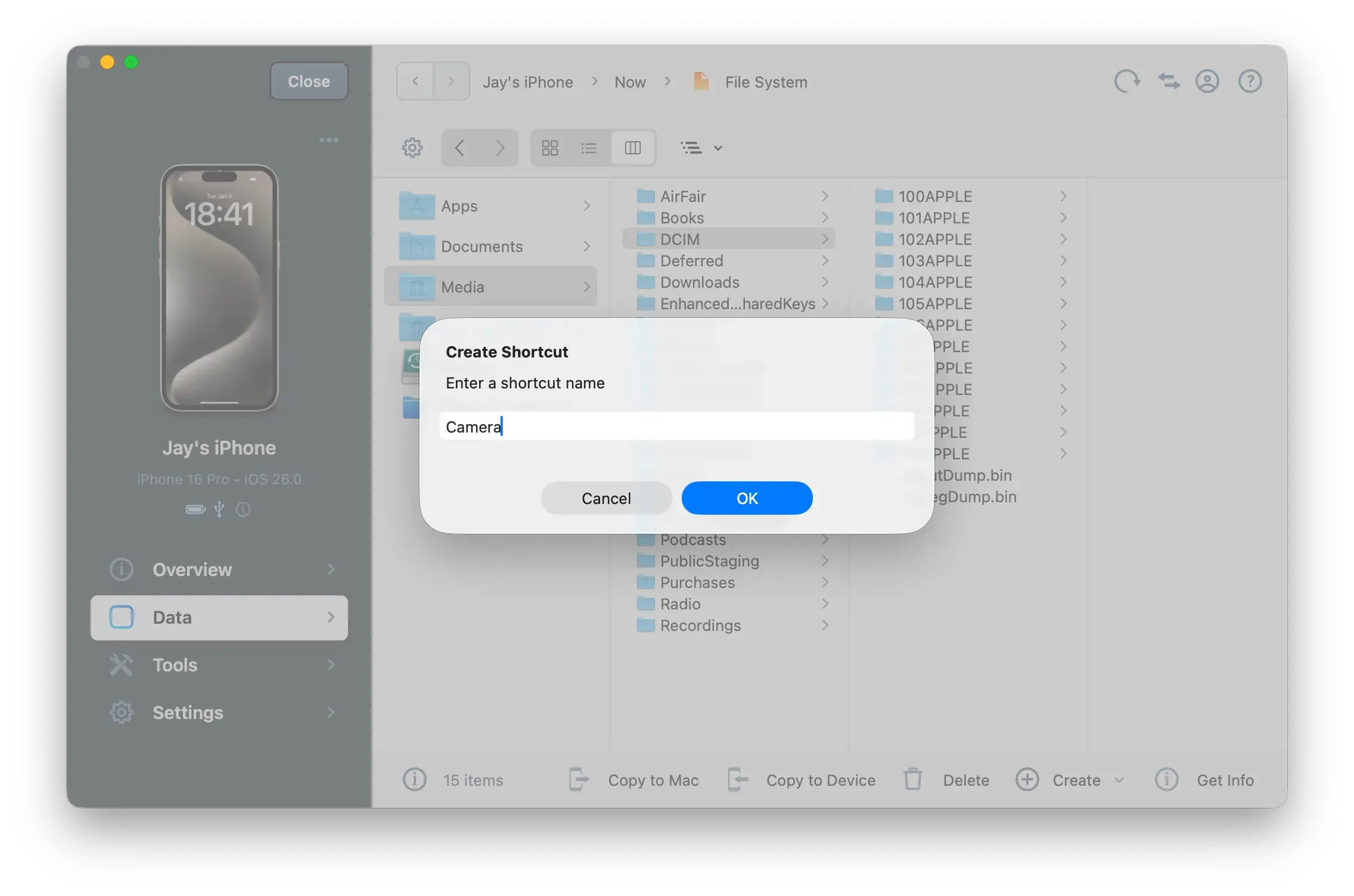 iMazing New Shortcut - Enter Name