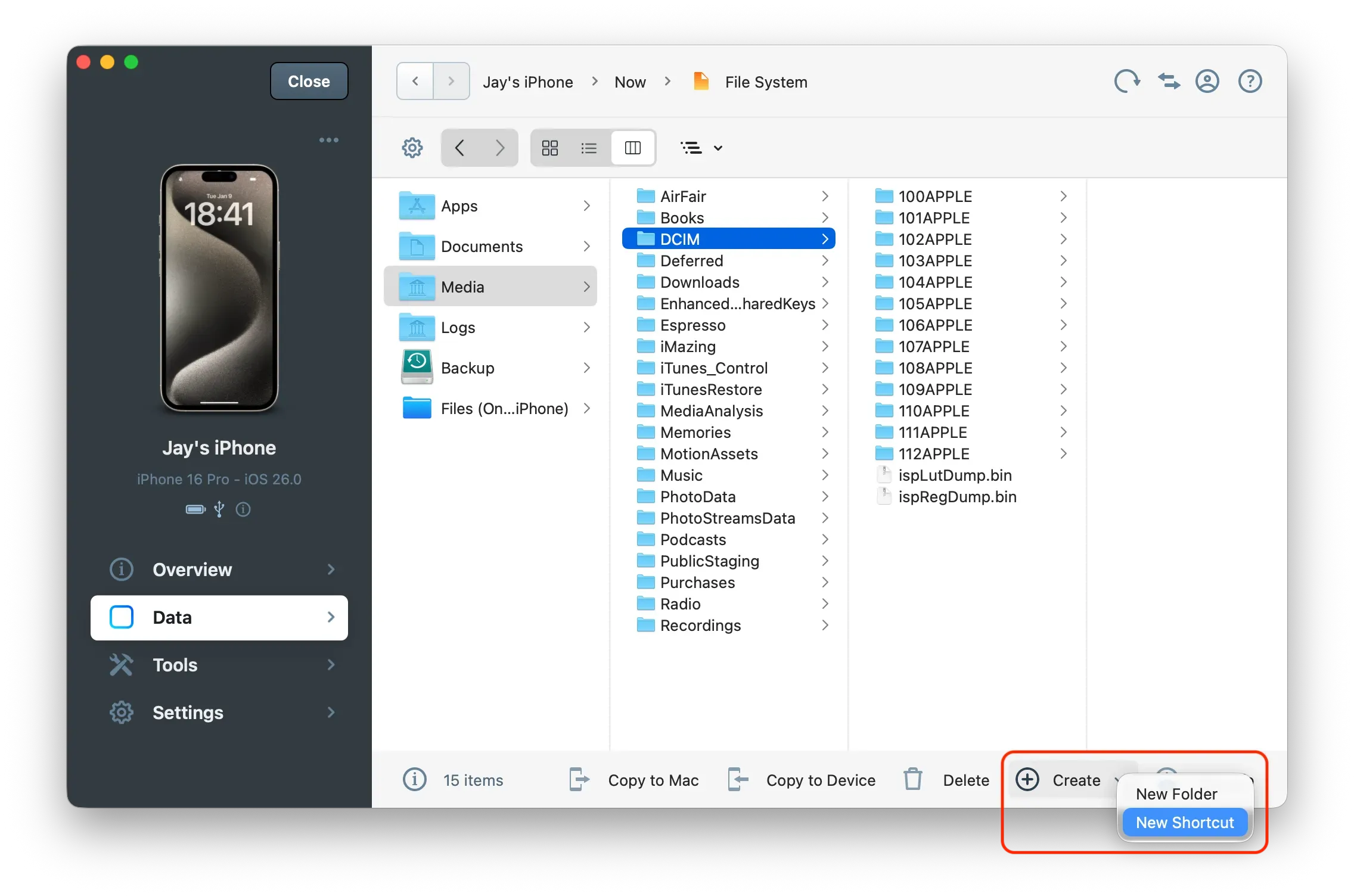 iMazing File System View - New Shortcut