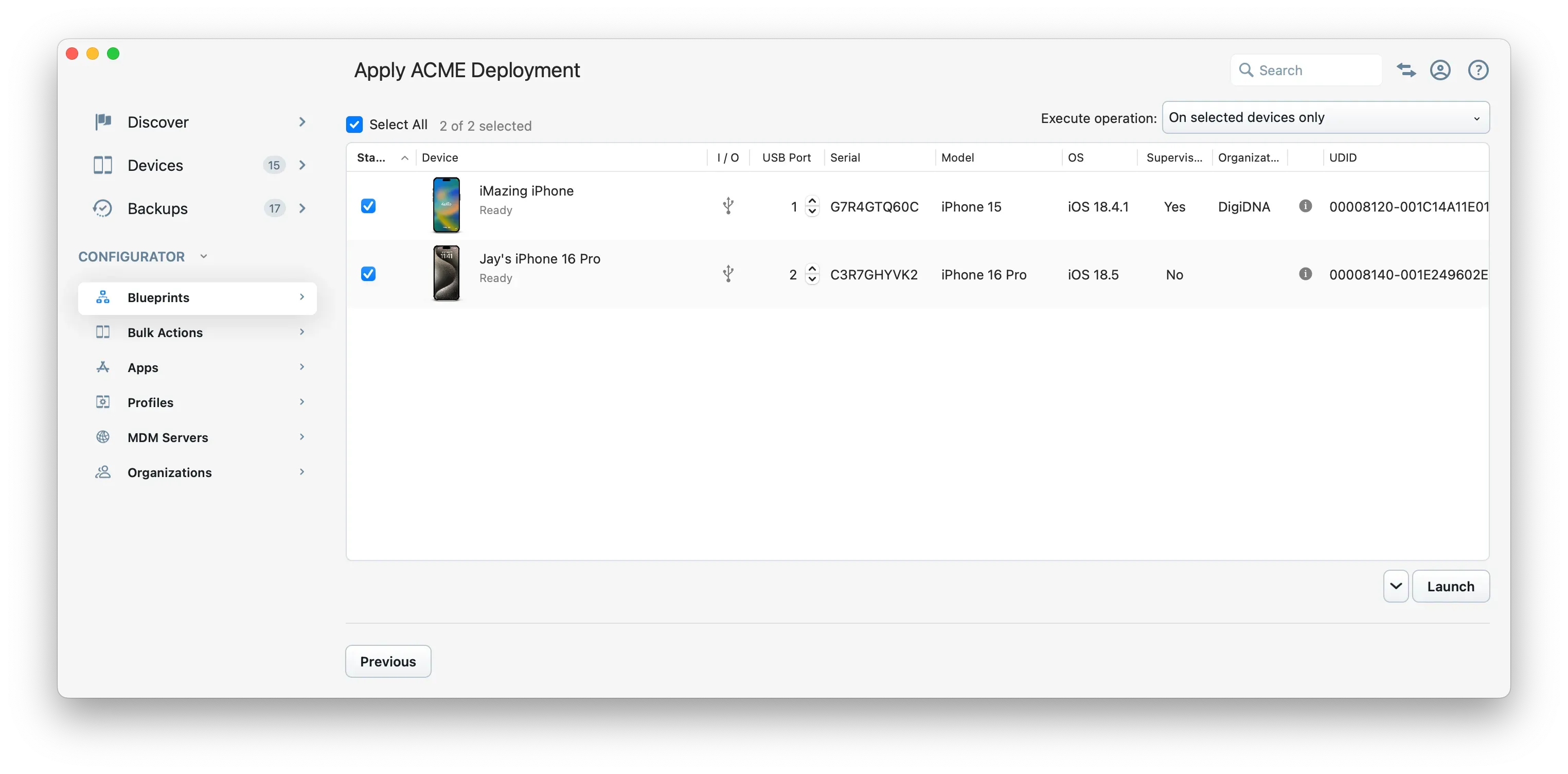 iMazing Configurator, Operation Dispatcher, Ready to Apply Blueprint