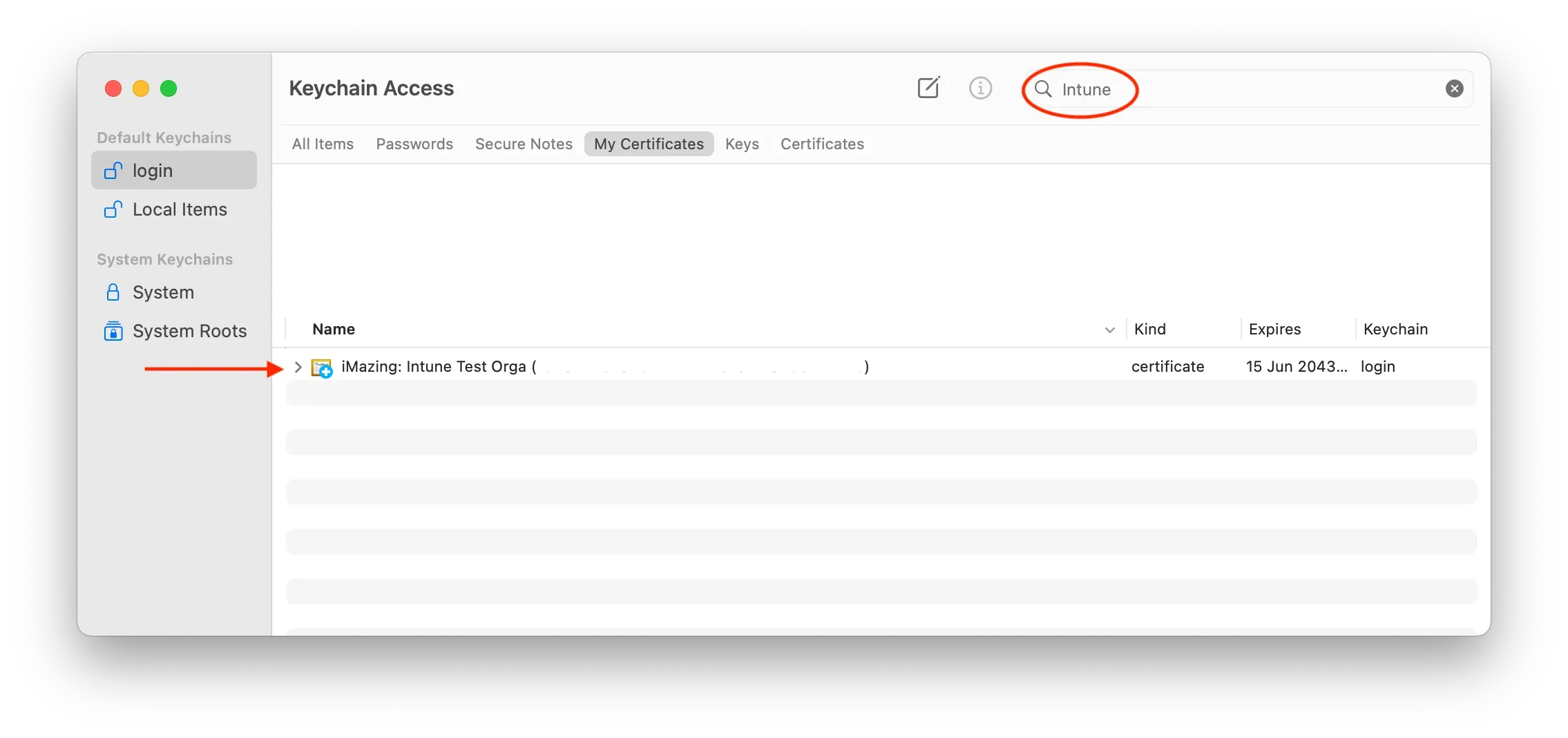 Find your Organization in Keychain