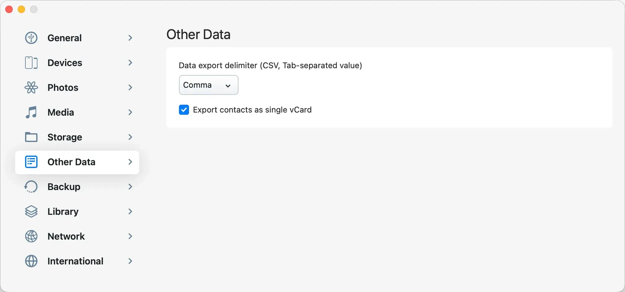 iMazing Preferences - Other Data