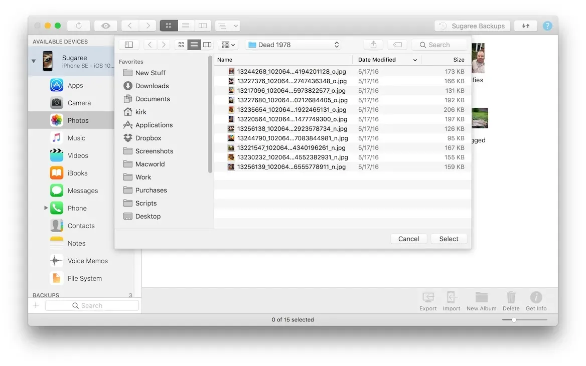 iMazing's Photos View. import photos selection dialog box