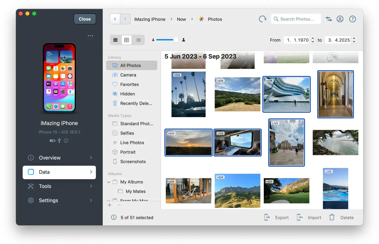 iMazing 3 Library View with Items Selected
