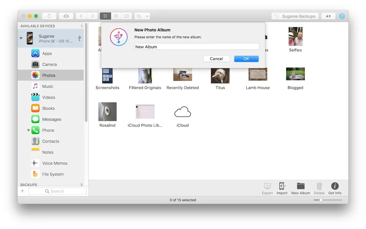 iMazing's Photos View. Enter the name of the new album