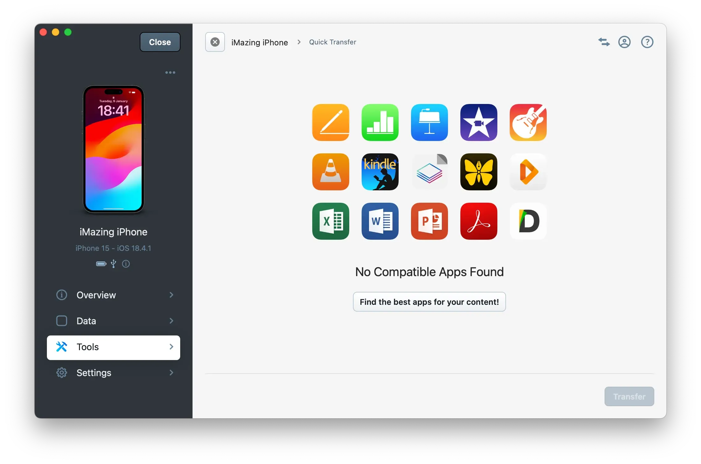 Quick Transfer no apps screen