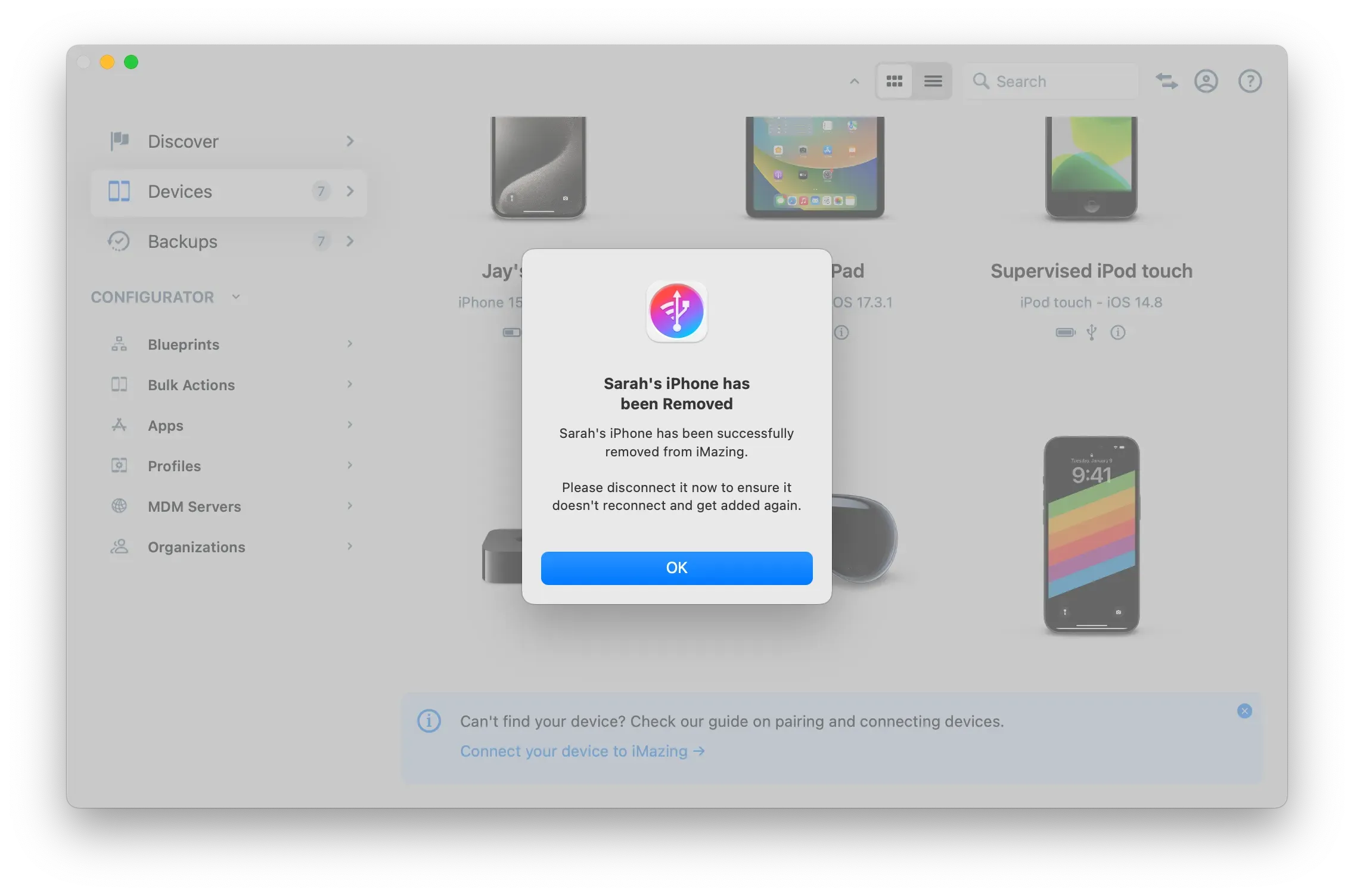 iMazing's Remove Device from iMazing dialog box