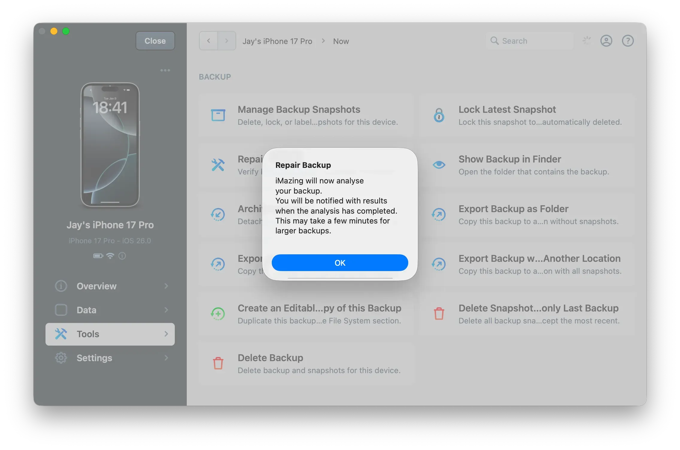 iMazing - Repair Backup - Confirm Analysis