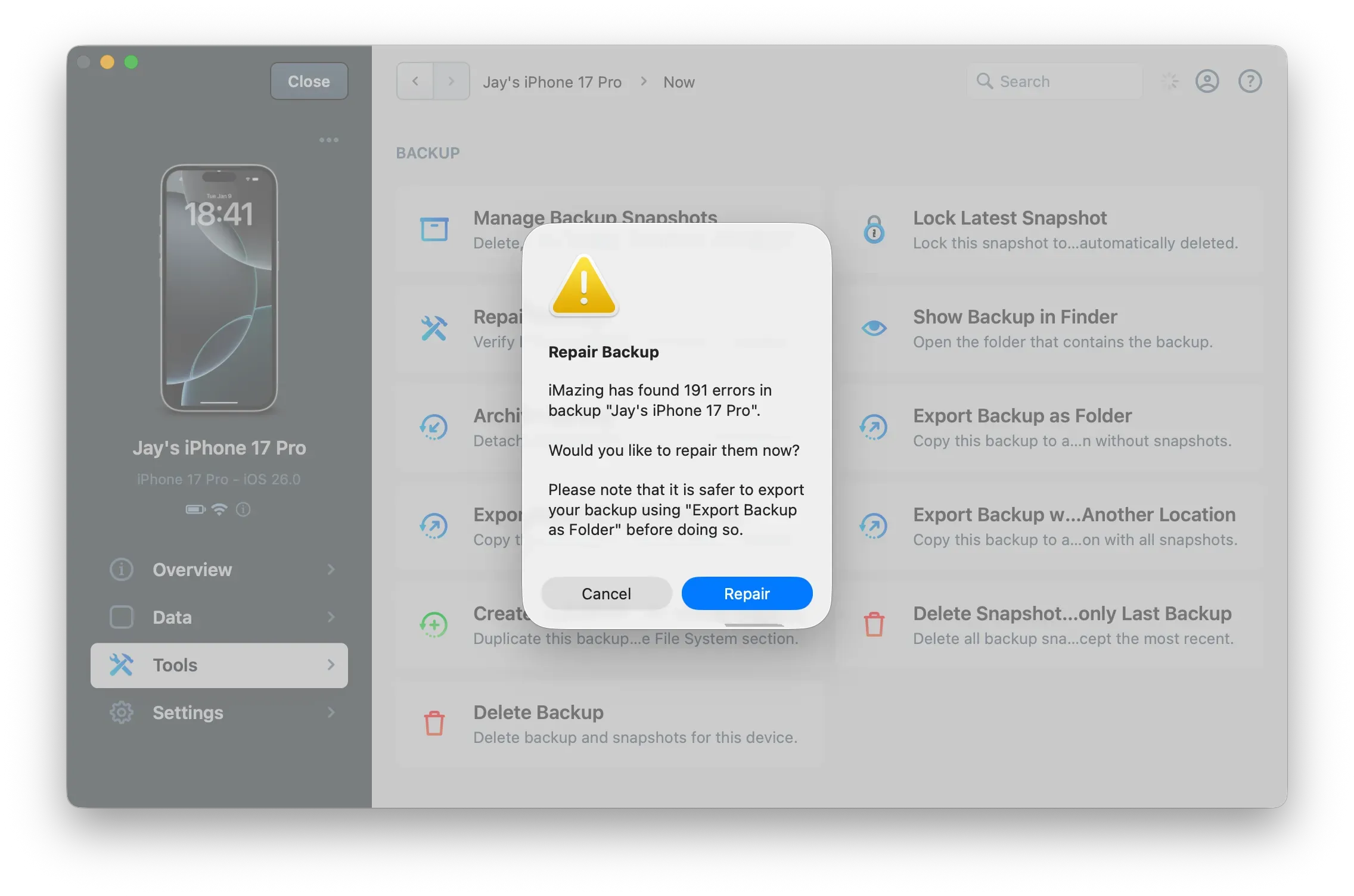 iMazing - Repair Backup - Confirm Repair