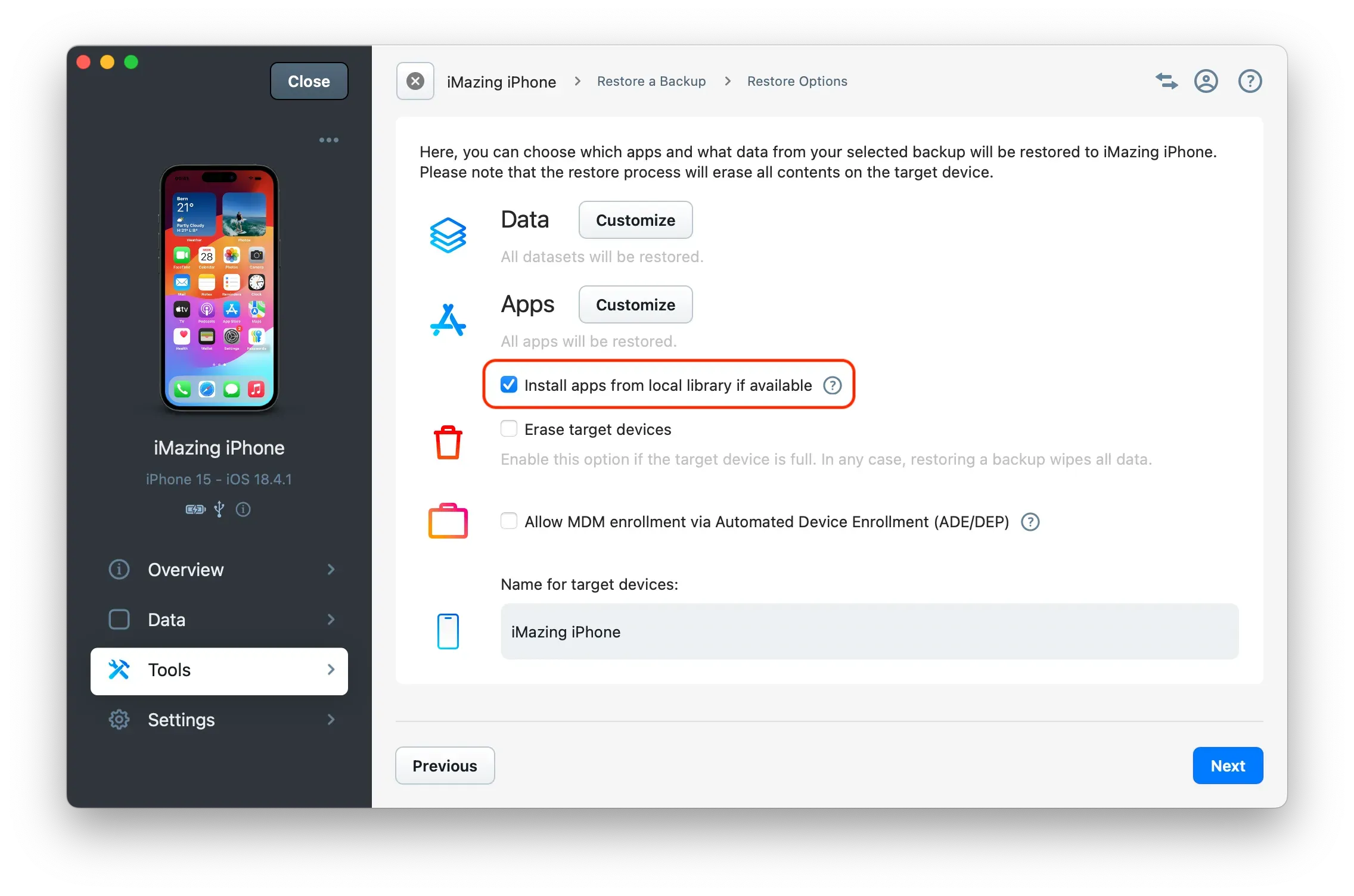 iMazing Restore Options