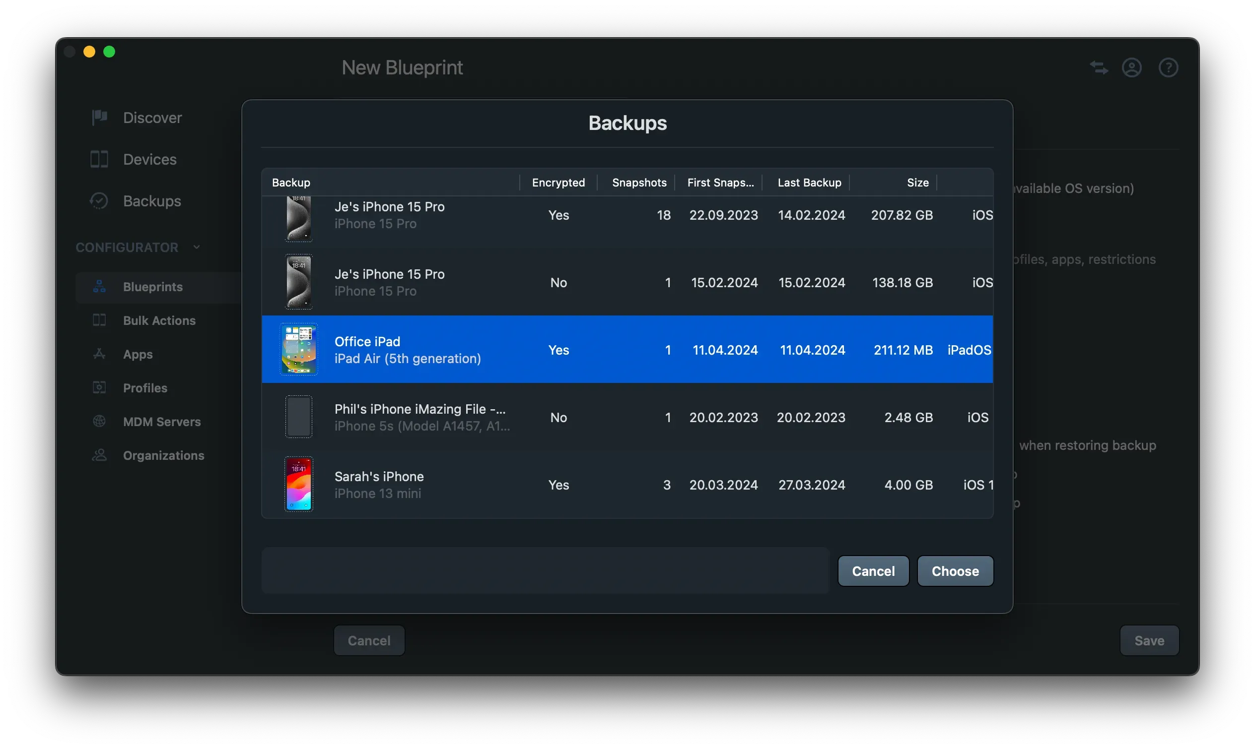 Choose the backup to restore