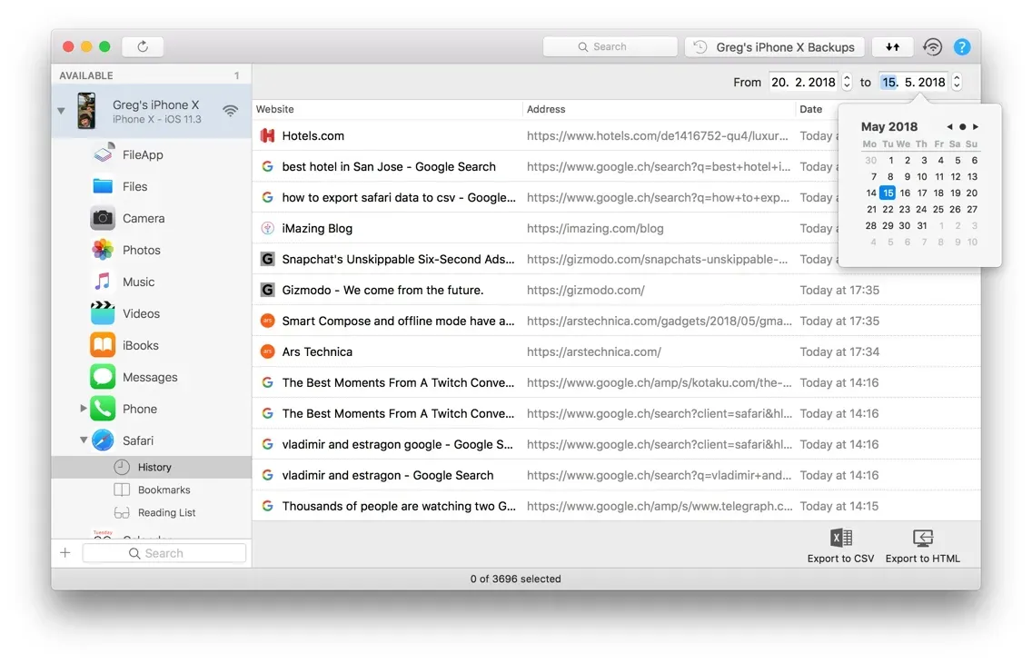 iMazing Safari History Screenshot