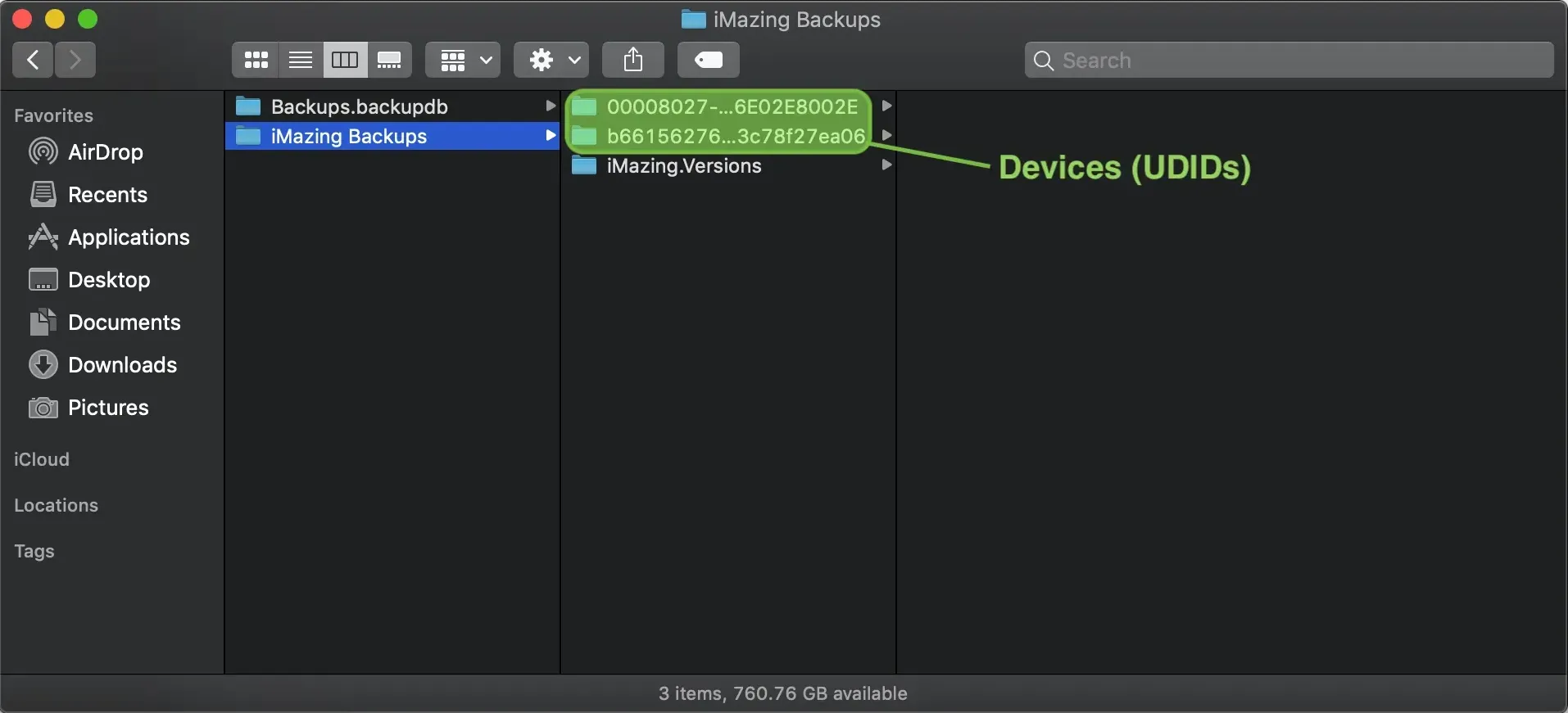 macOS Finder window showing the iMazing Backups folder structure. Two UDID-named device folders and an iMazing.Versions subfolder are visible. Annotations label the device folders as "Devices (UDIDs)".