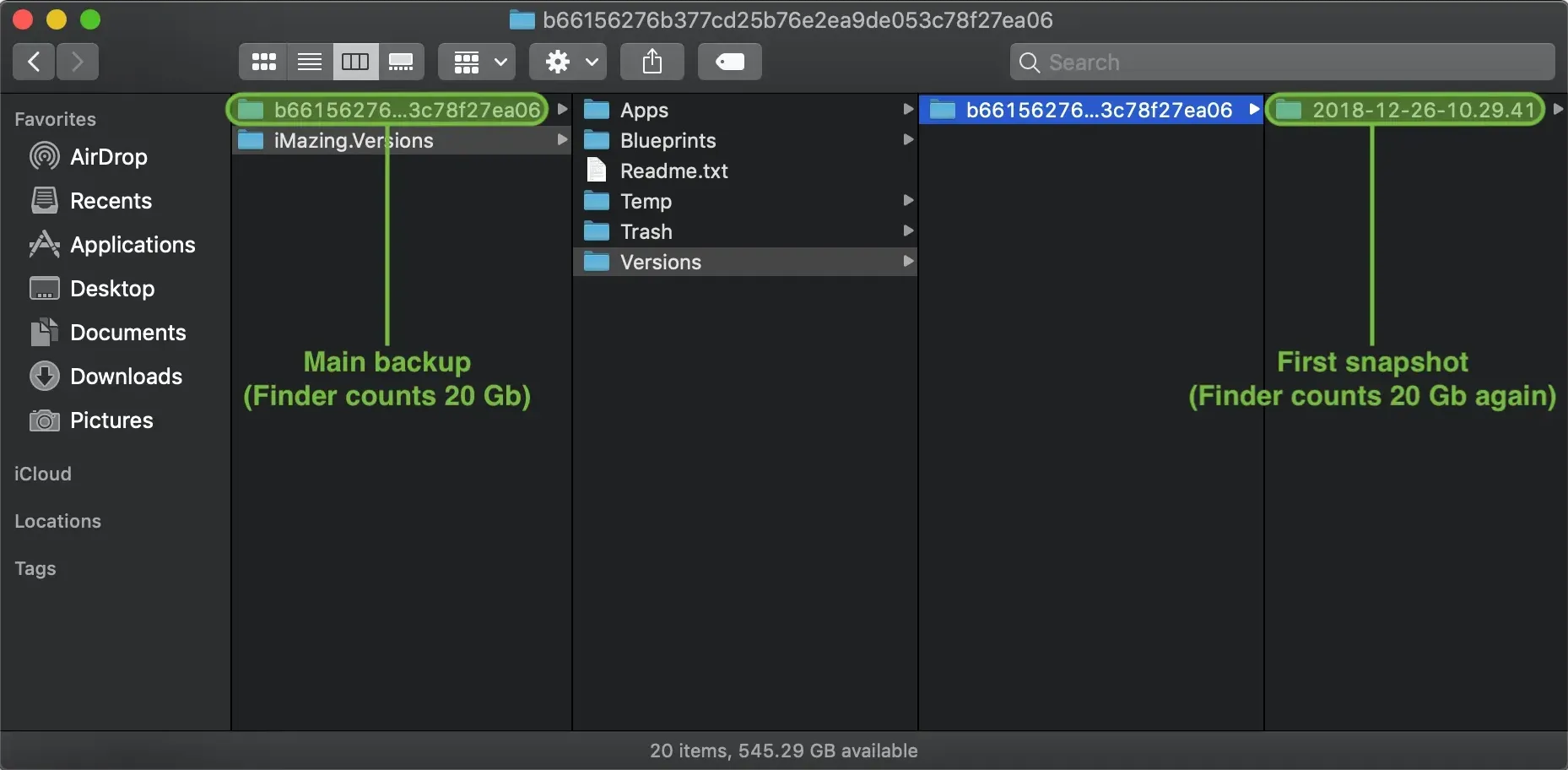 Finder window comparing a 20 GB main backup folder and its first snapshot, both counted separately due to hard links.