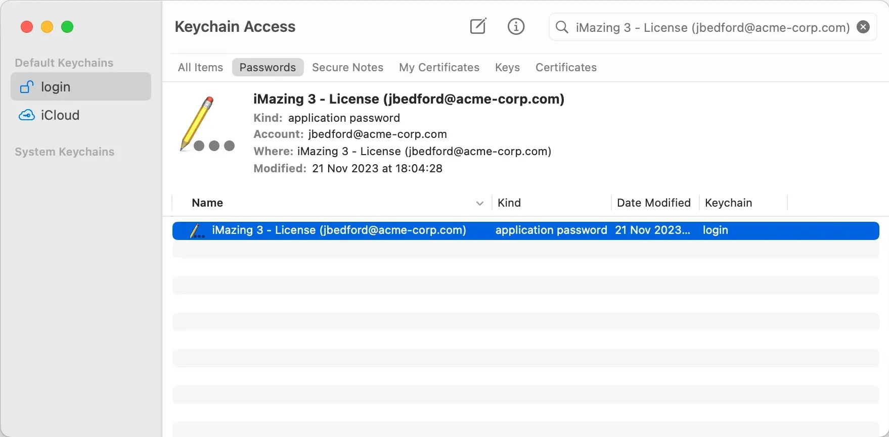 macOS Keychain windows with iMazing 3 - license selected