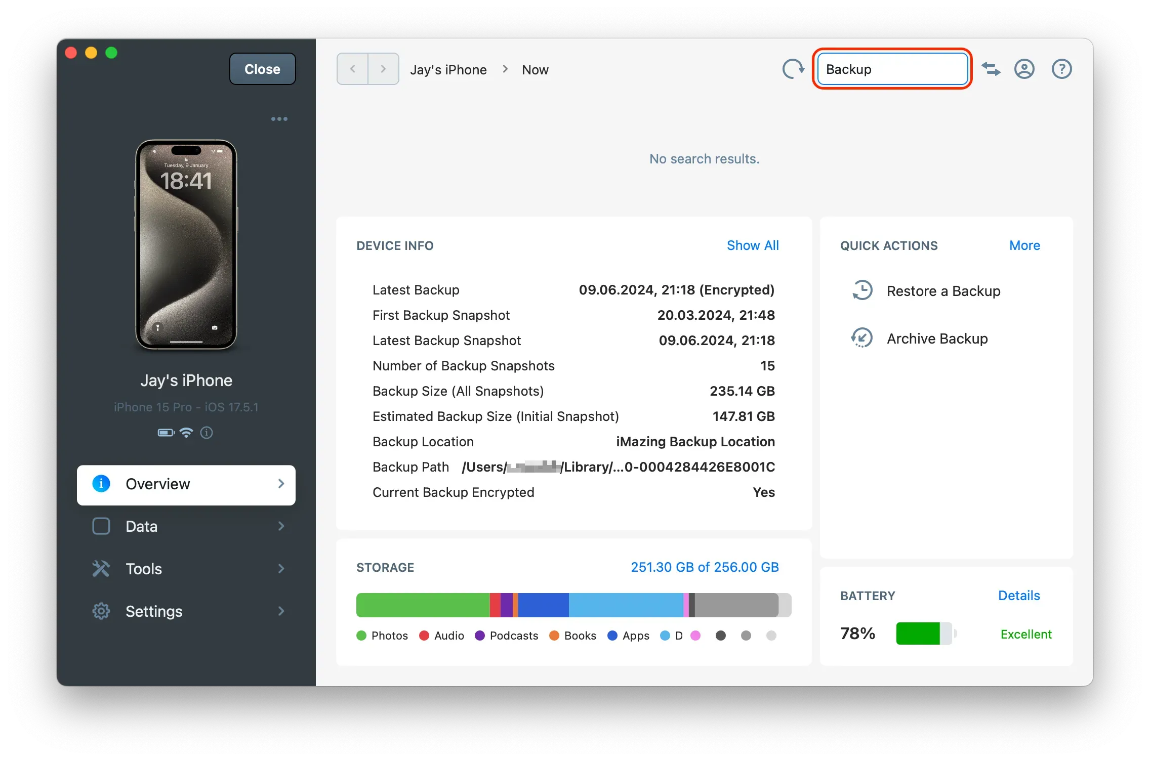 iMazing 3 Search Field
