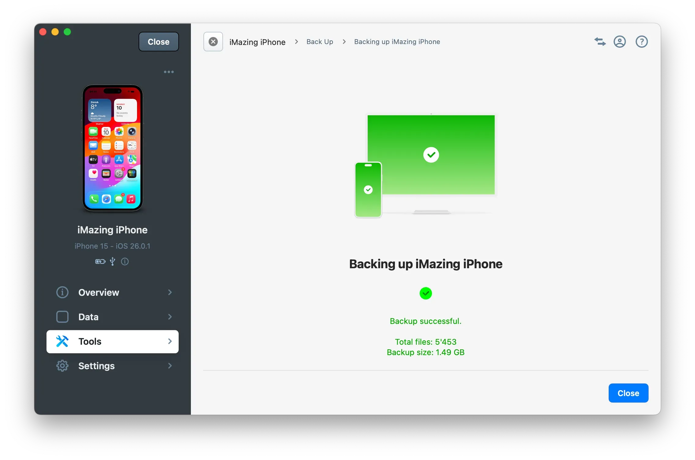 iMazing, First Backup Successful Screen