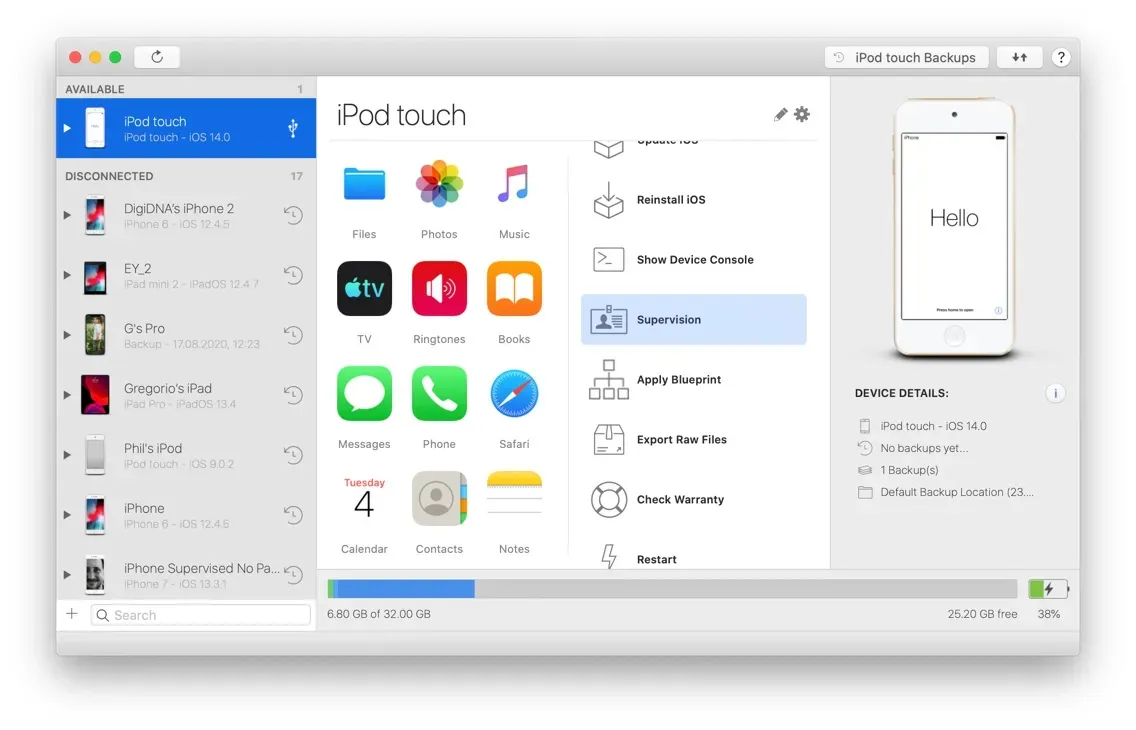 iMazing Home Screen, Supervision action button highlighted