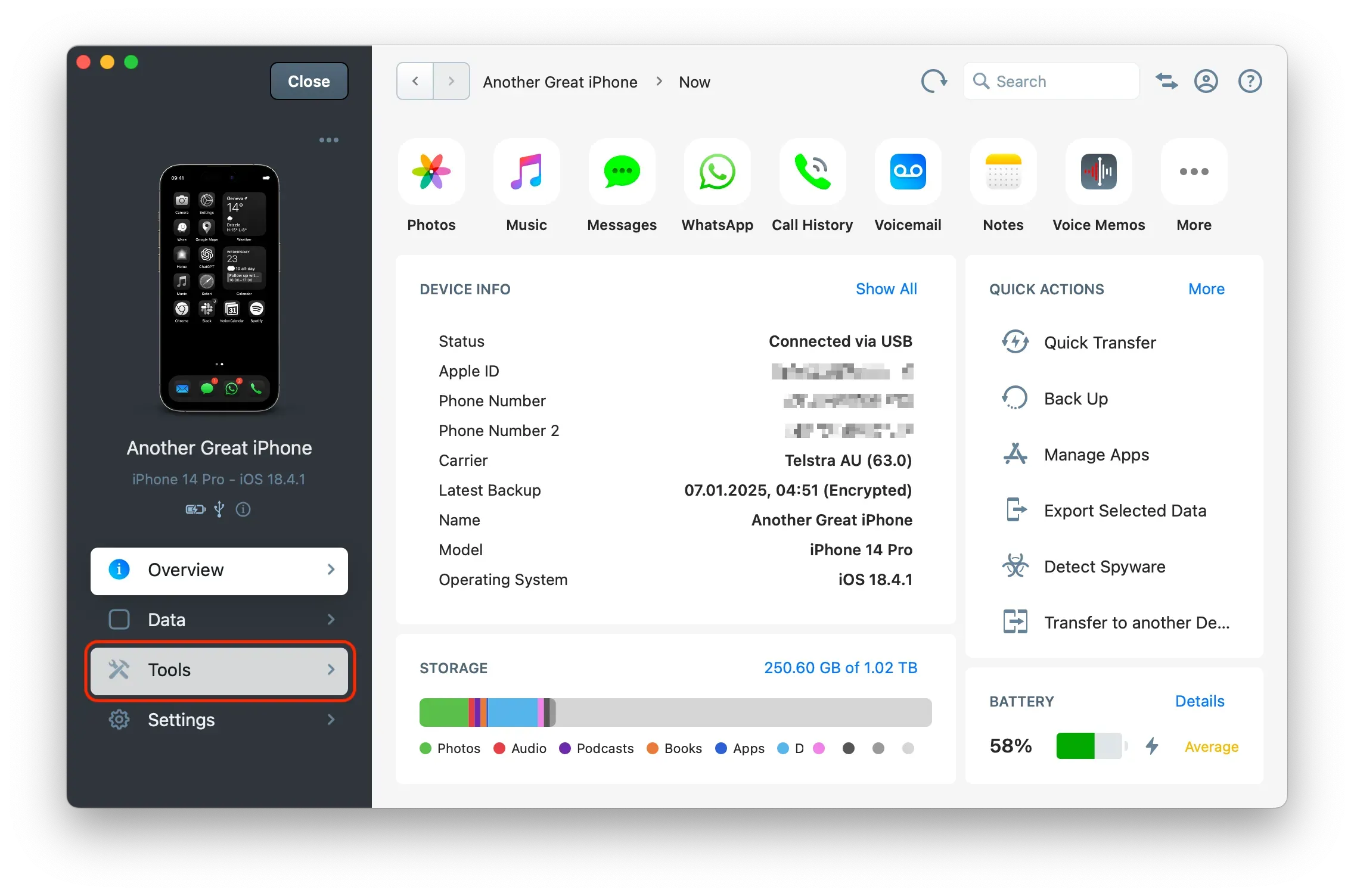iMazing's Overview screen