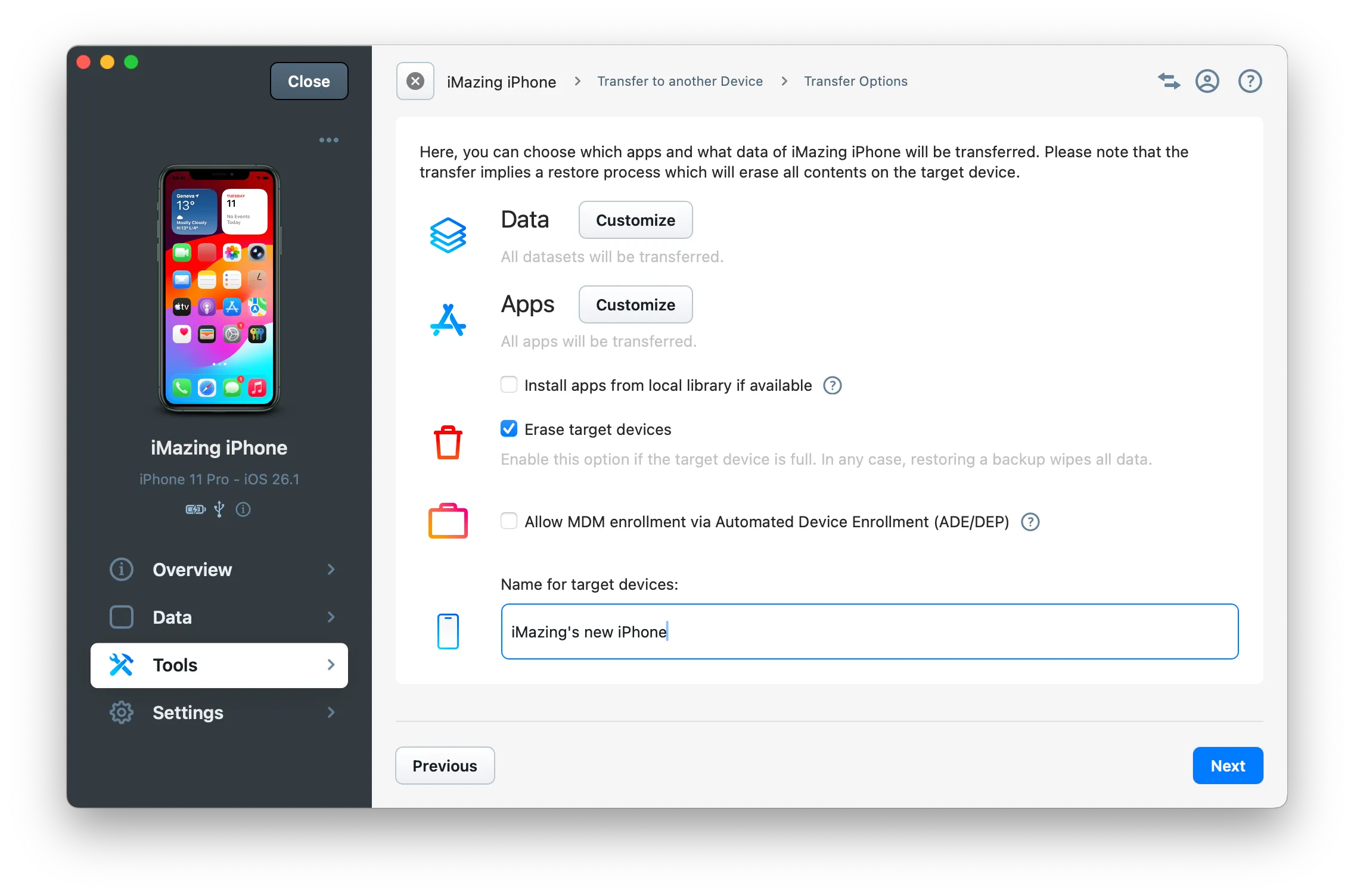 Transfer Options Wizard Screen