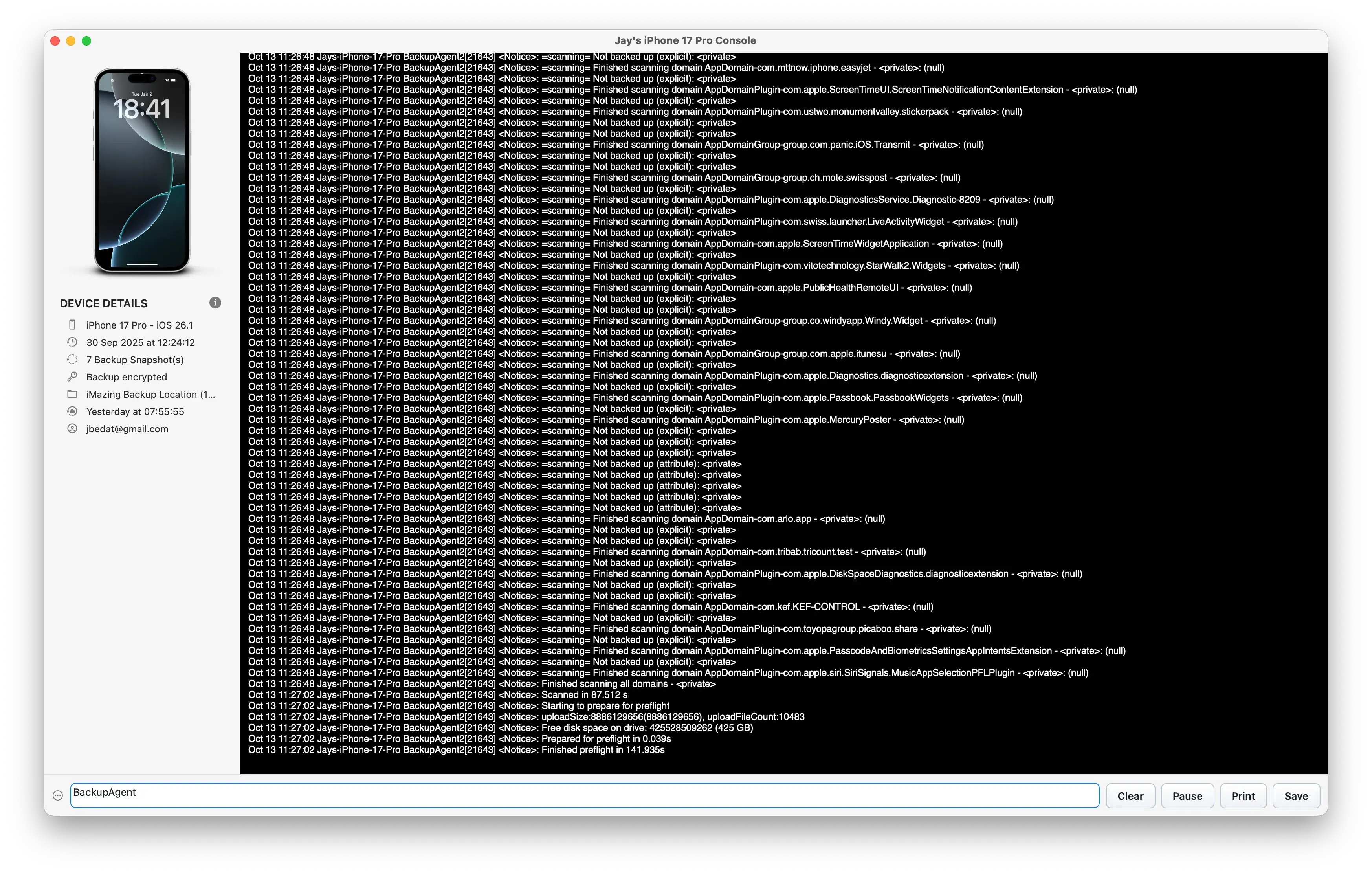 iMazing Device Console - BackupAgent Logs
