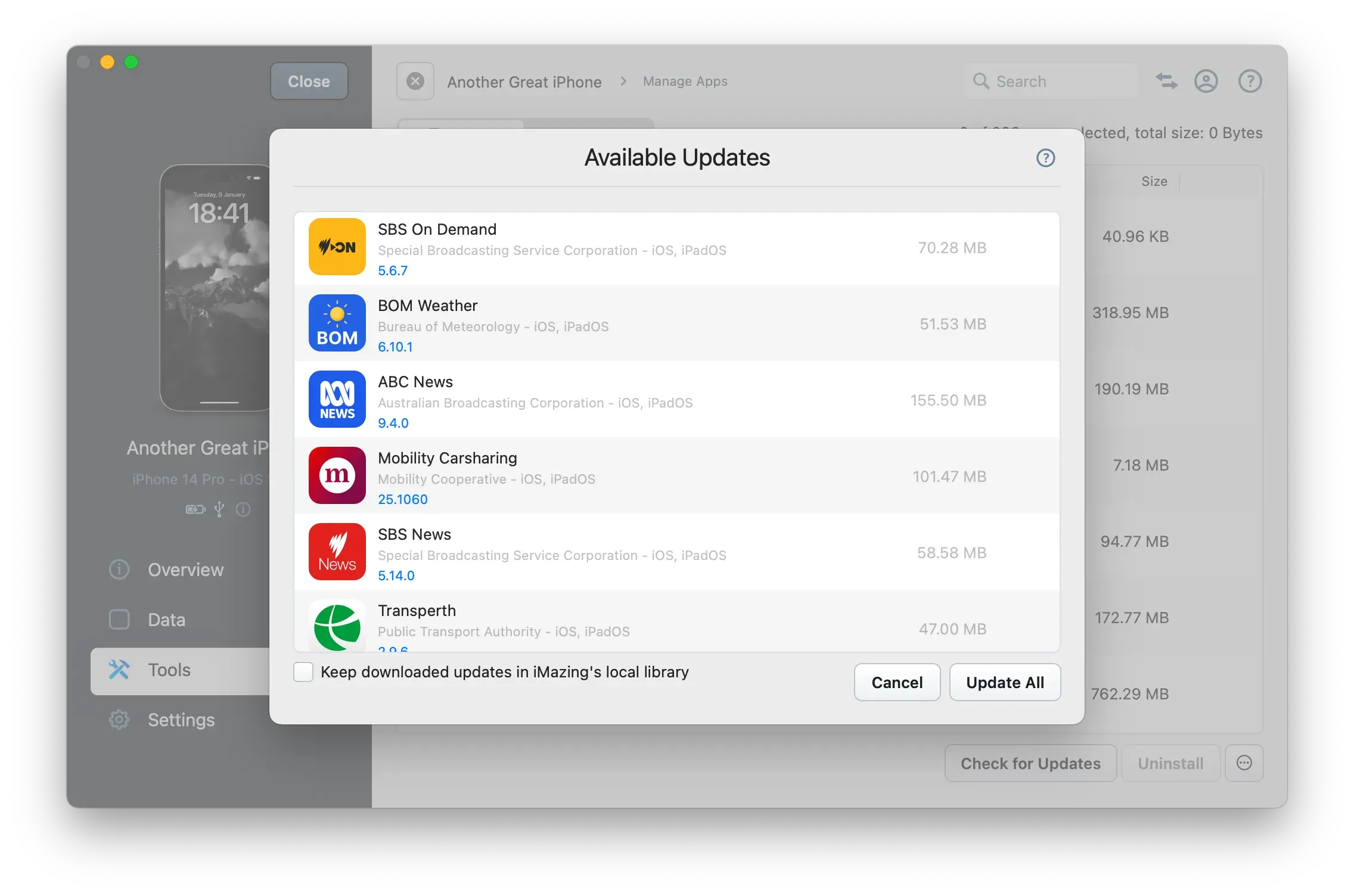 App Updates in iMazing's App Library view