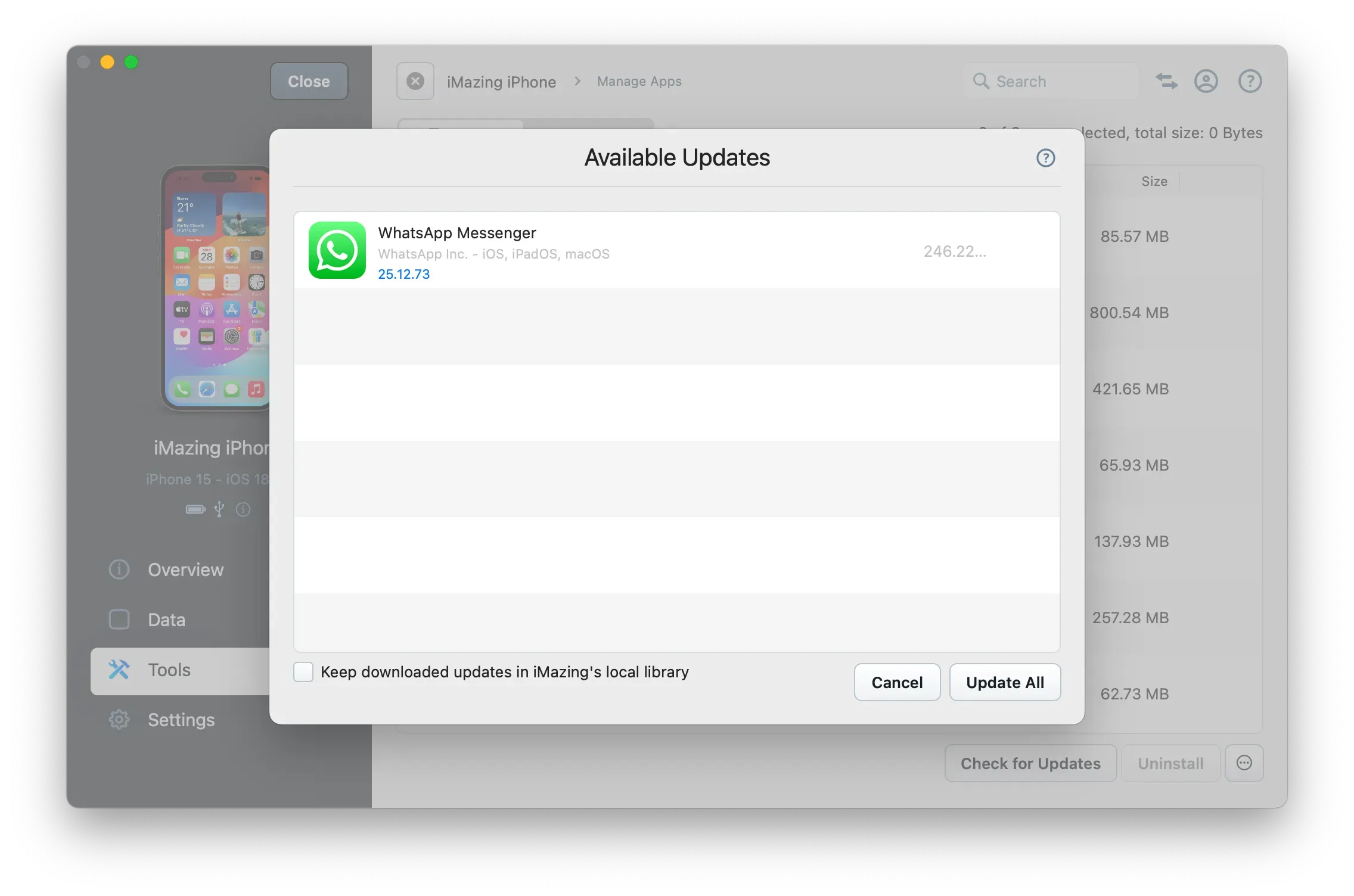 App Updates in iMazing's App Library view