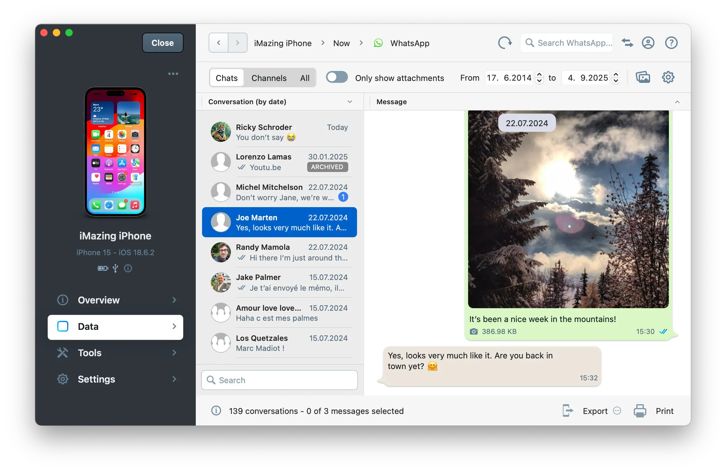 iMazing's WhatsApp View, thread selected