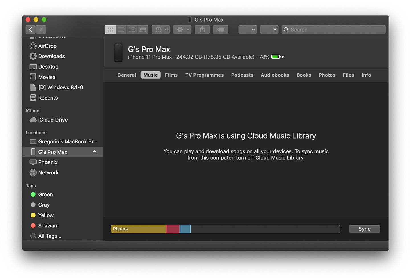 Catalina Finder iCloud Music Library Warning Screen