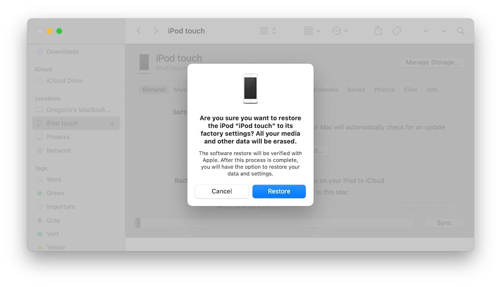 macOS Finder Restore Device to Downgrade Warning