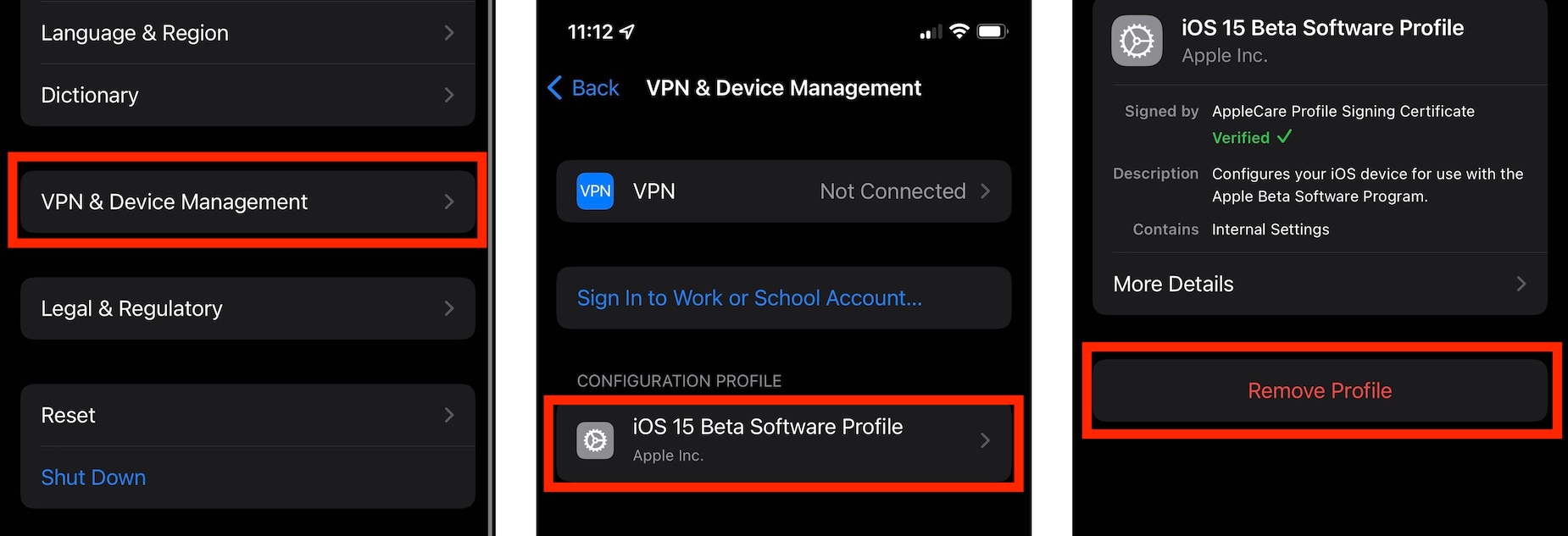 iOS 15 Remove Beta Profile Screenshots